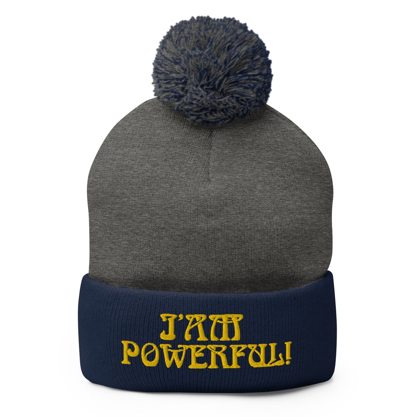 "I’AM POWERFUL!"Pom-Pom Beanie W/Yellow Font
