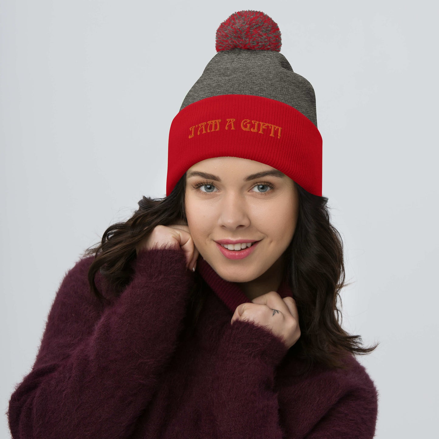 “I’AM A GIFT!”Pom-Pom Beanie W/Orange Font