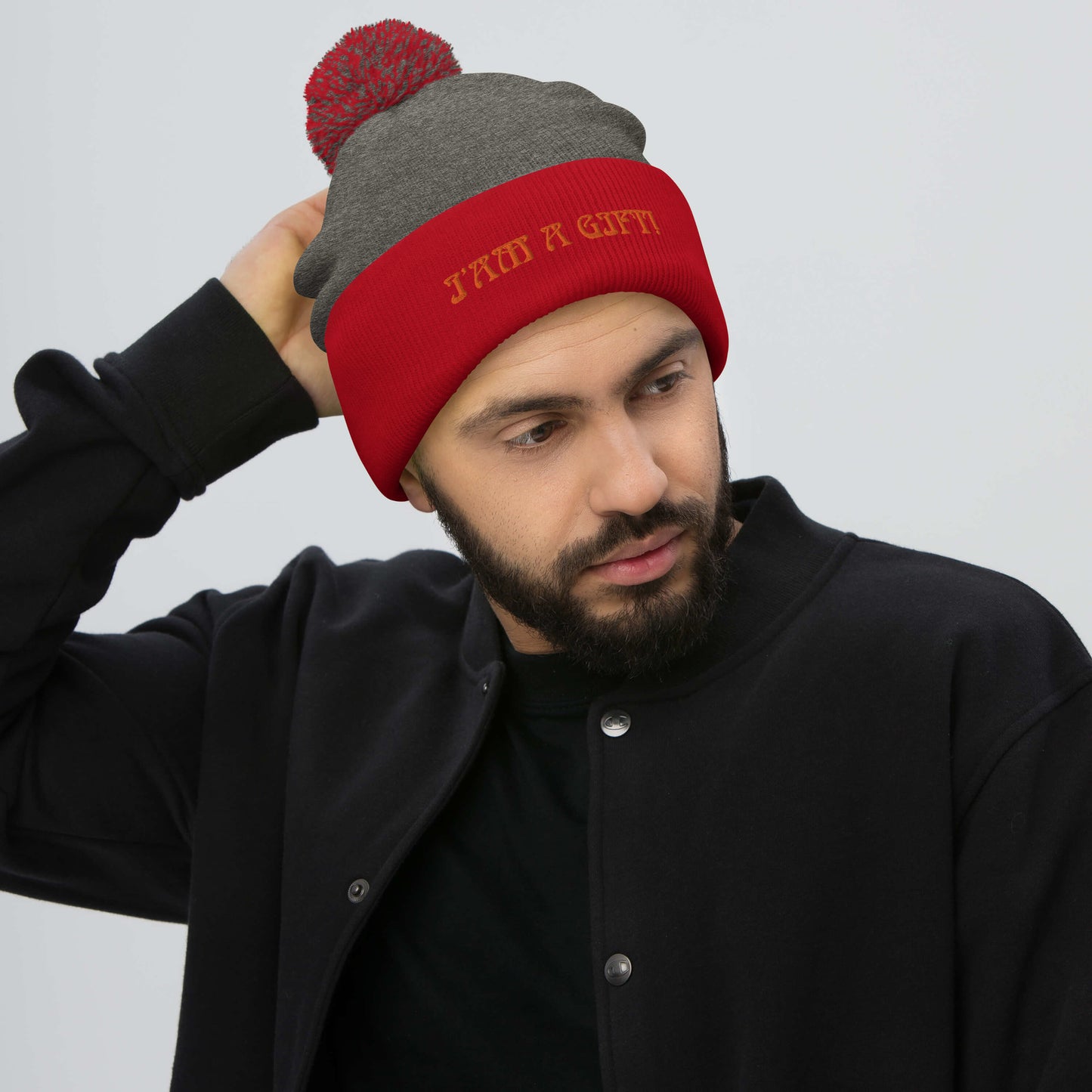 “I’AM A GIFT!”Pom-Pom Beanie W/Orange Font