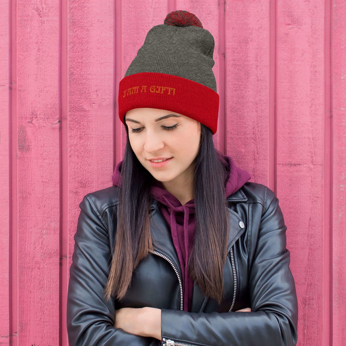 “I’AM A GIFT!”Pom-Pom Beanie W/Orange Font