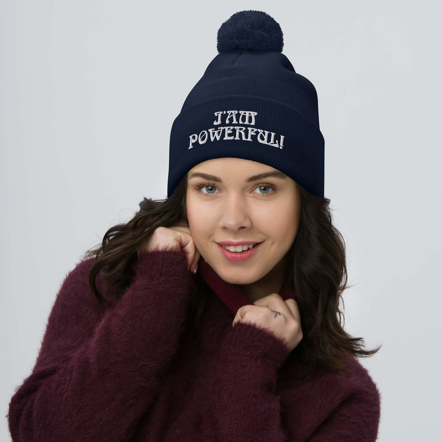 “I’AM POWERFUL!”Pom-Pom Beanie W/White Font