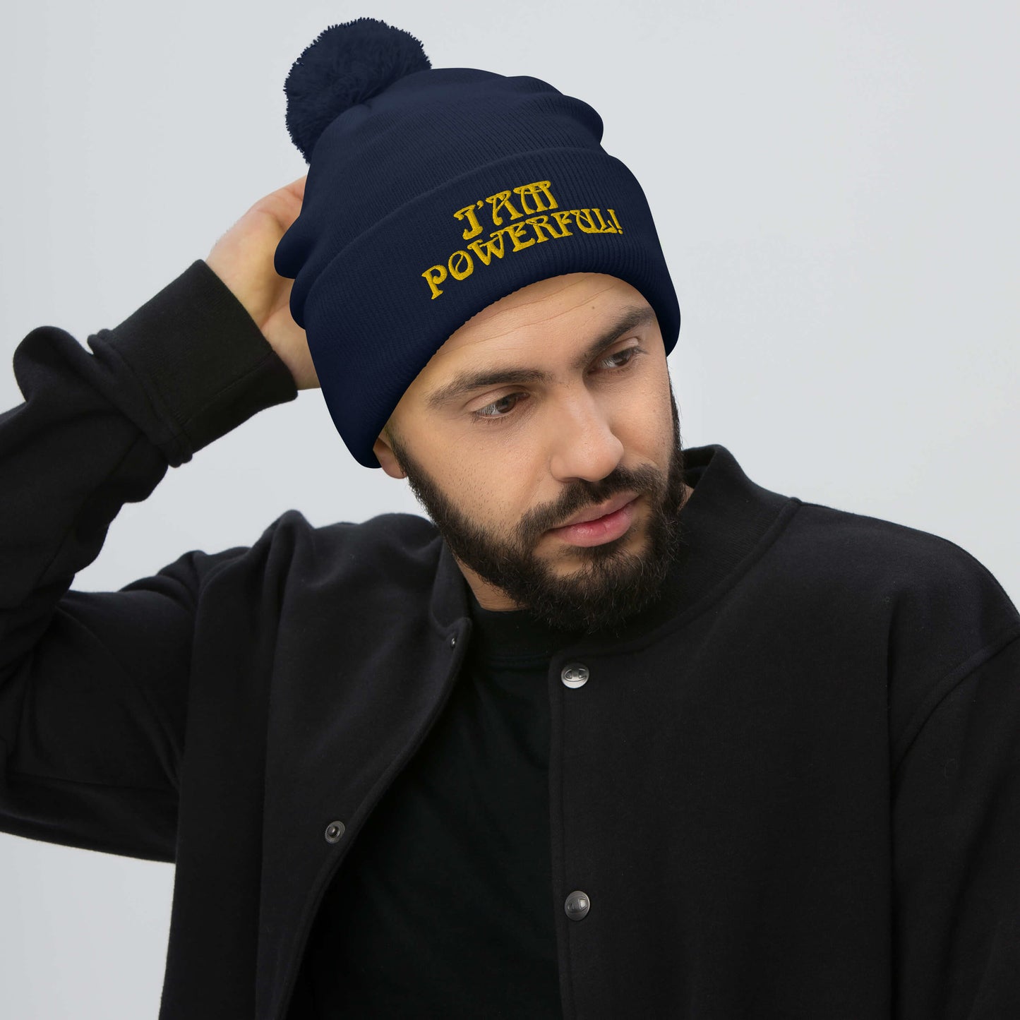 "I’AM POWERFUL!"Pom-Pom Beanie W/Yellow Font