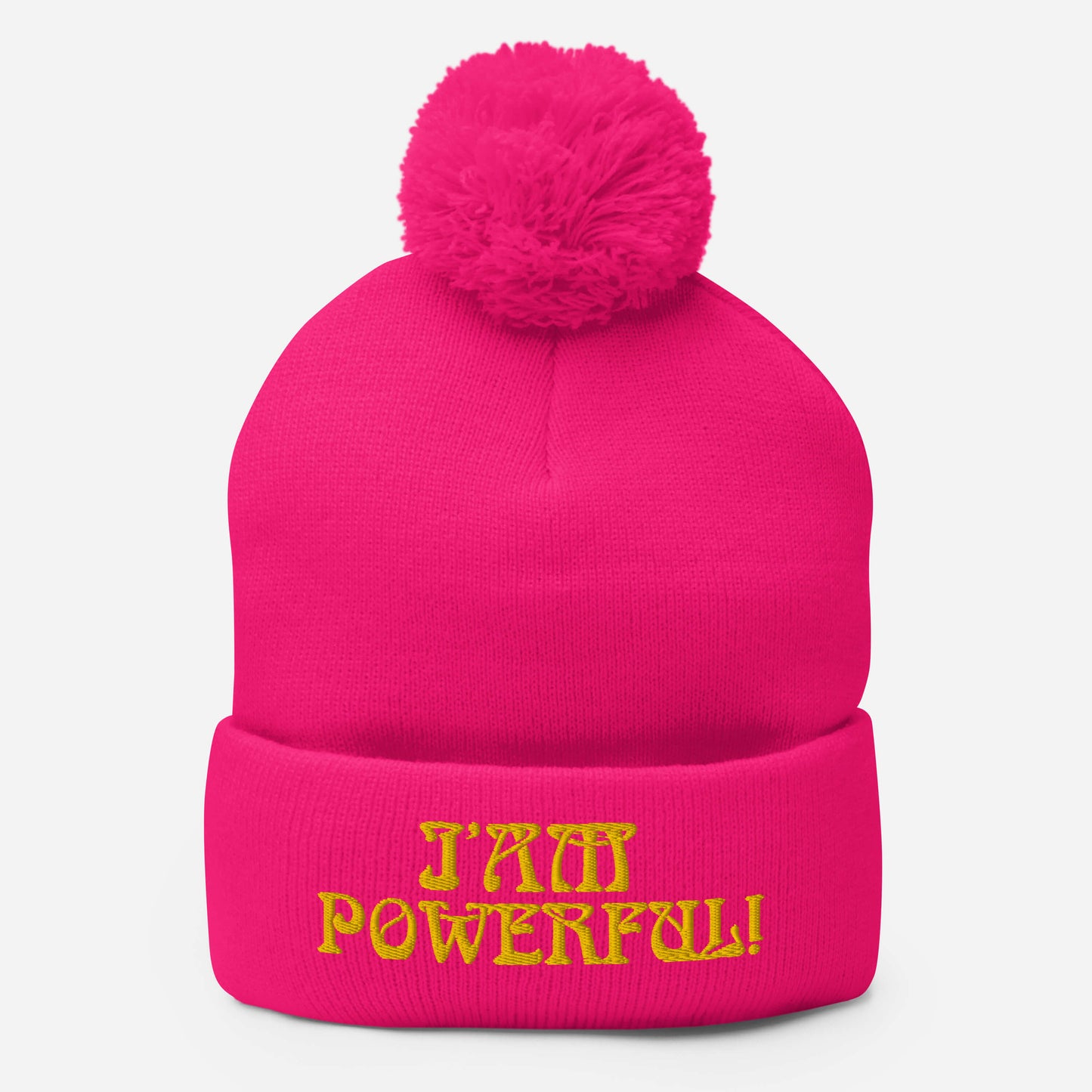 "I’AM POWERFUL!"Pom-Pom Beanie W/Yellow Font