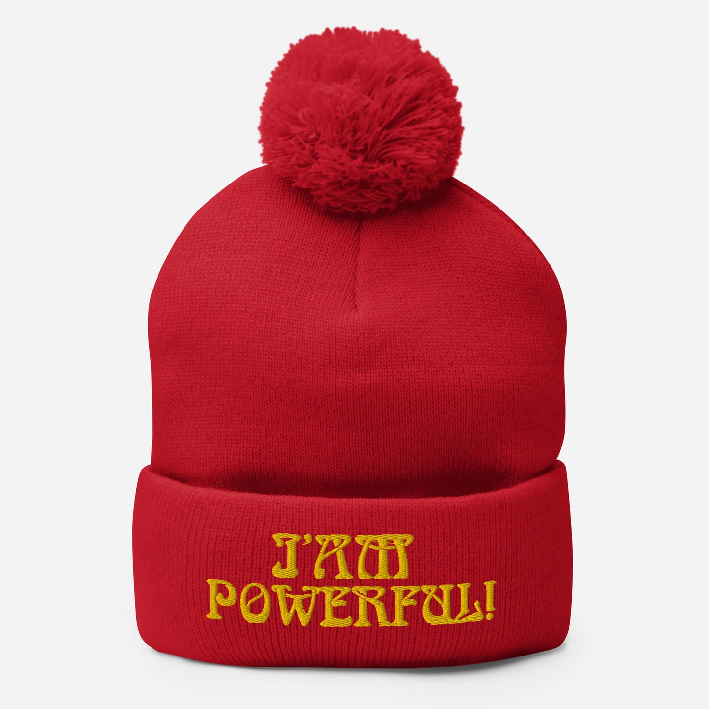 "I’AM POWERFUL!"Pom-Pom Beanie W/Yellow Font