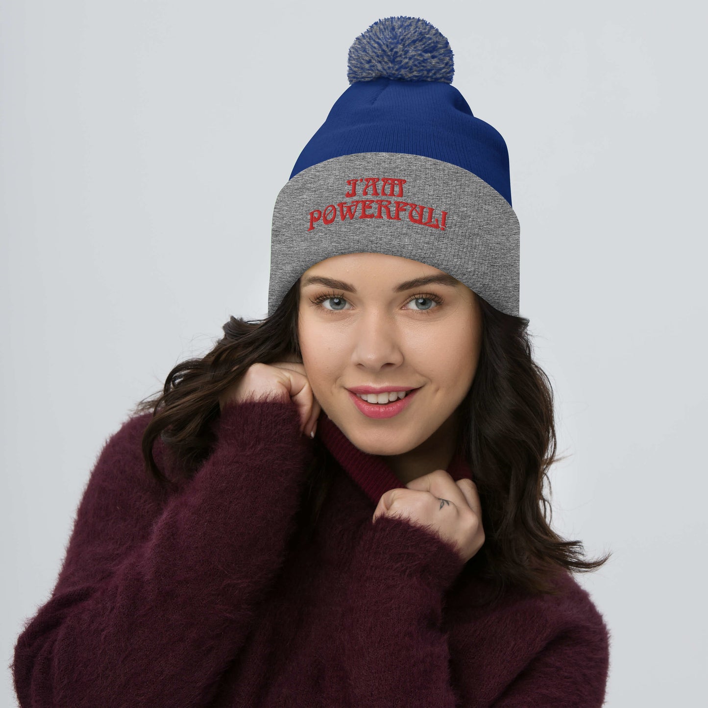 “I’AM POWERFUL!"Pom-Pom Beanie W/Red Font
