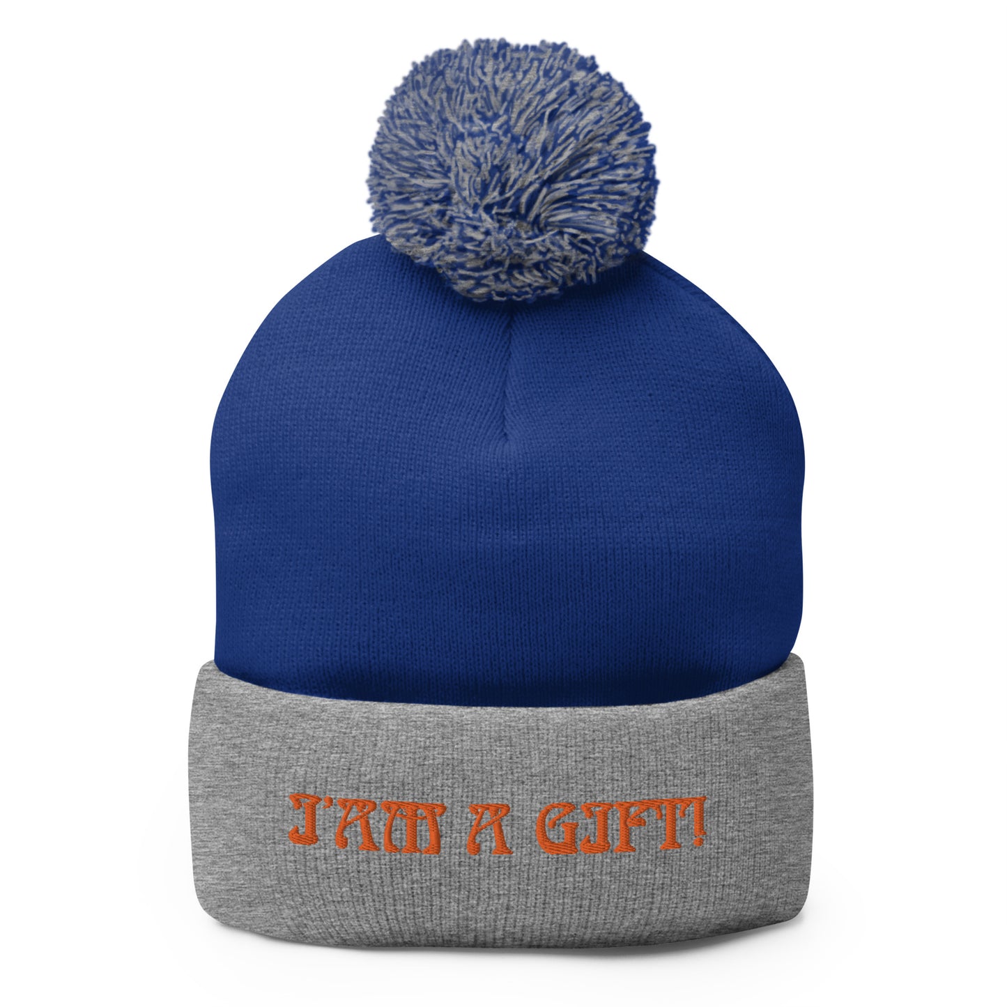 “I’AM A GIFT!”Pom-Pom Beanie W/Orange Font