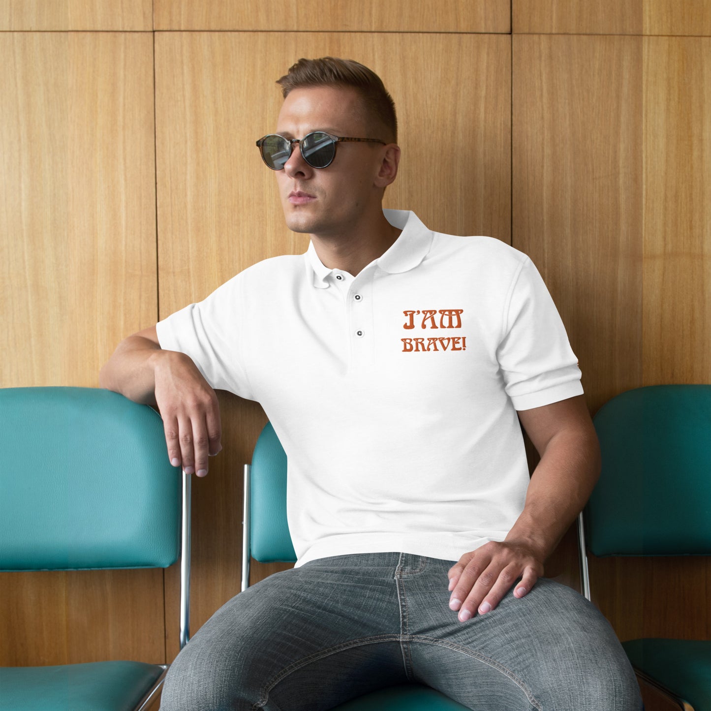 “I’AM BRAVE!” Men's Premium Polo Shirt W/Orange Font