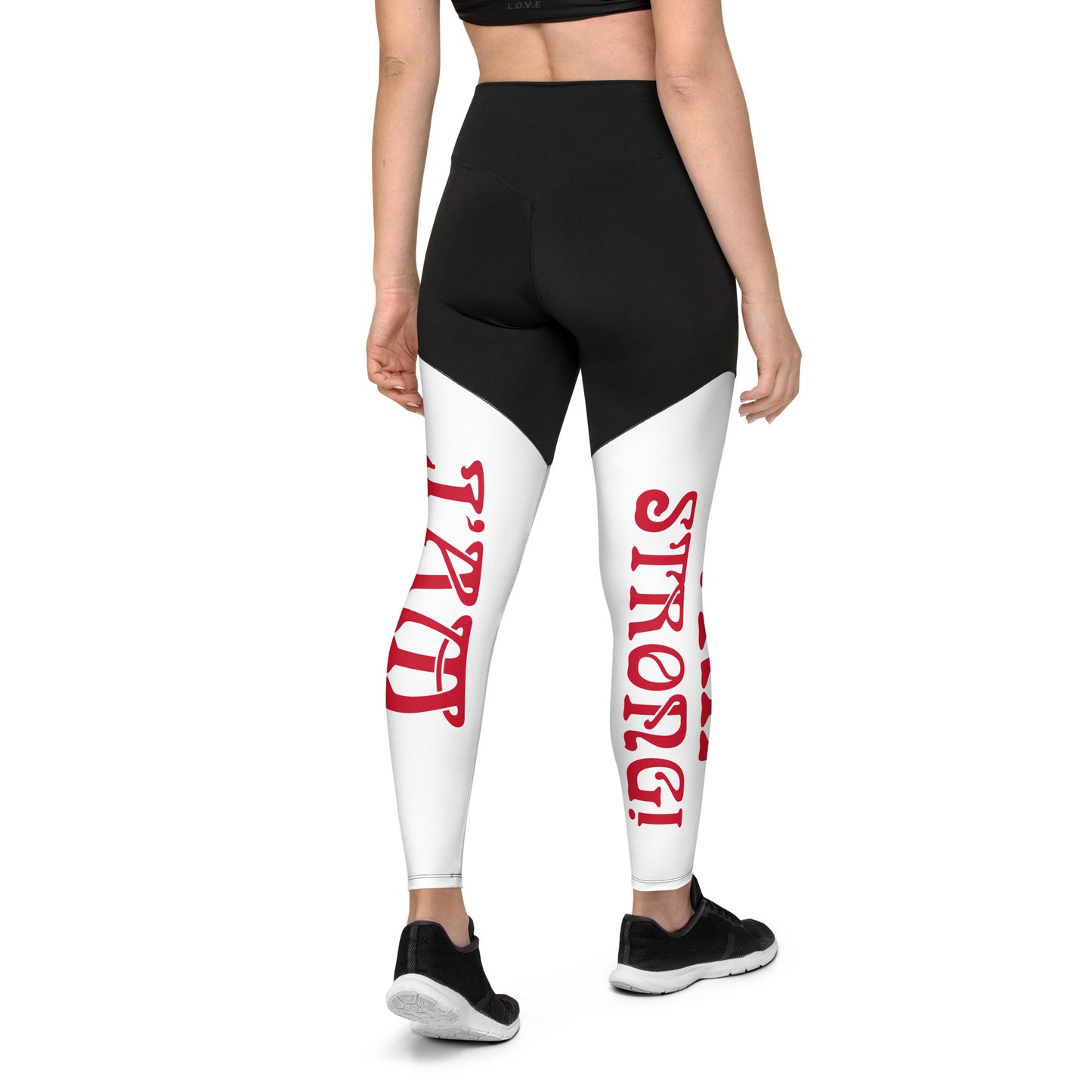 “I’AM STRONG!” White Sports Leggings W/Red Font