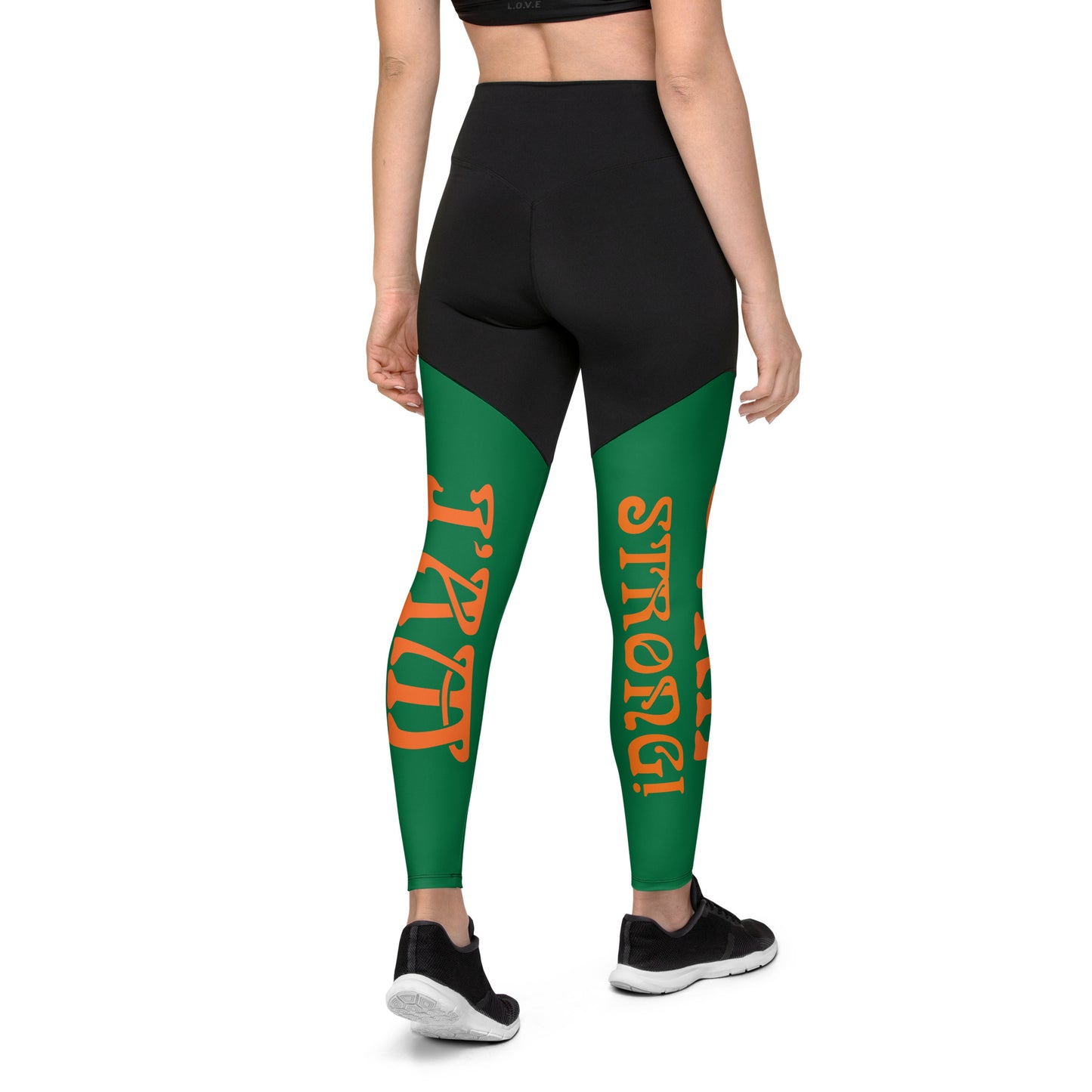 “I’AM STRONG!” Green Sports Leggings W/Orange Font