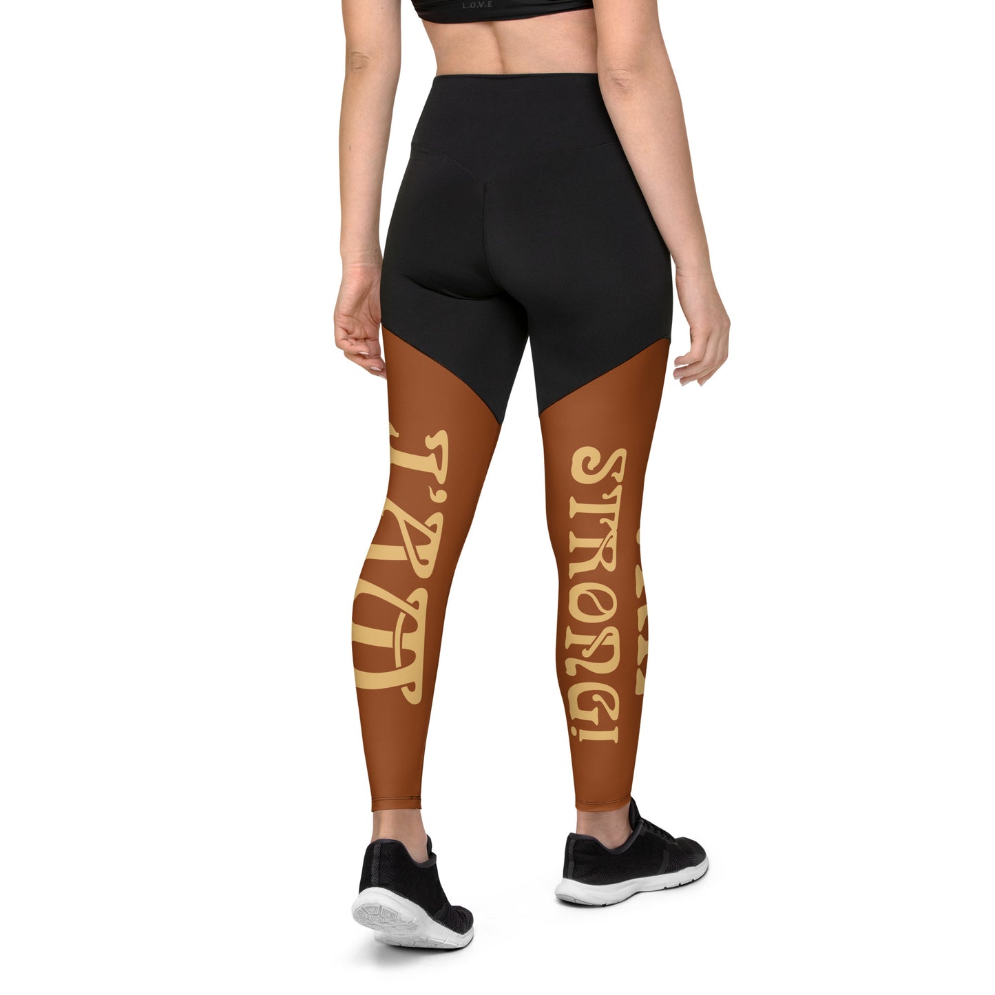 “I’AM STRONG!” Brown Sports Leggings W/Fawn Font