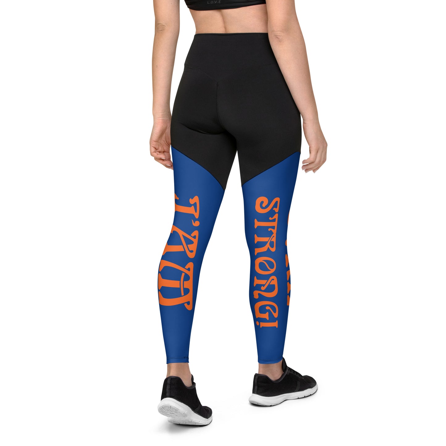“I’AM STRONG!” Blue Sports Leggings W/Orange Font