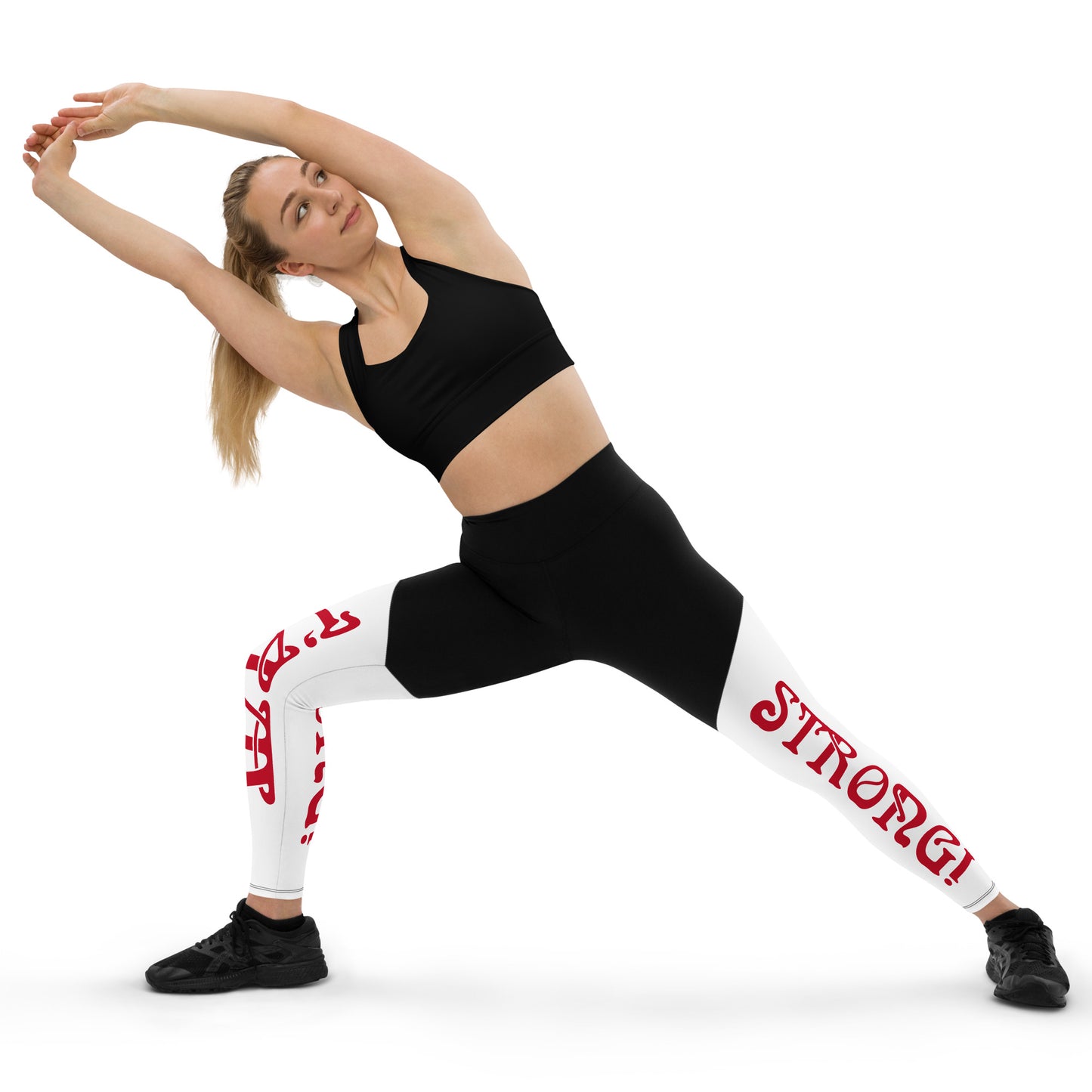 “I’AM STRONG!” White Sports Leggings W/Red Font