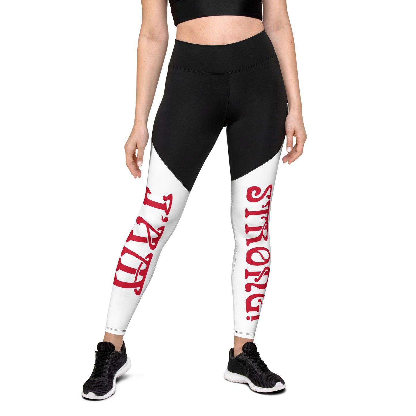 “I’AM STRONG!” White Sports Leggings W/Red Font
