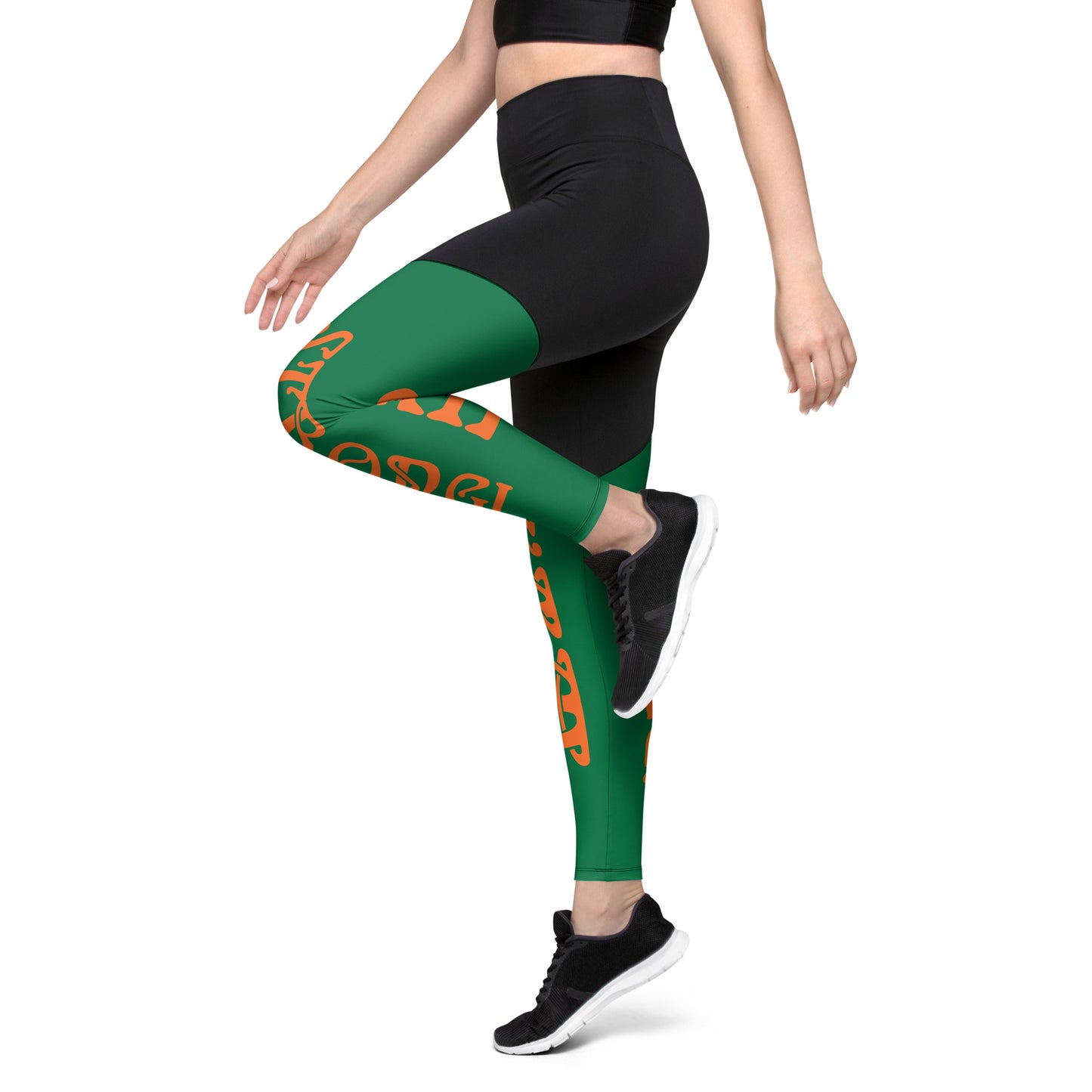 “I’AM STRONG!” Green Sports Leggings W/Orange Font