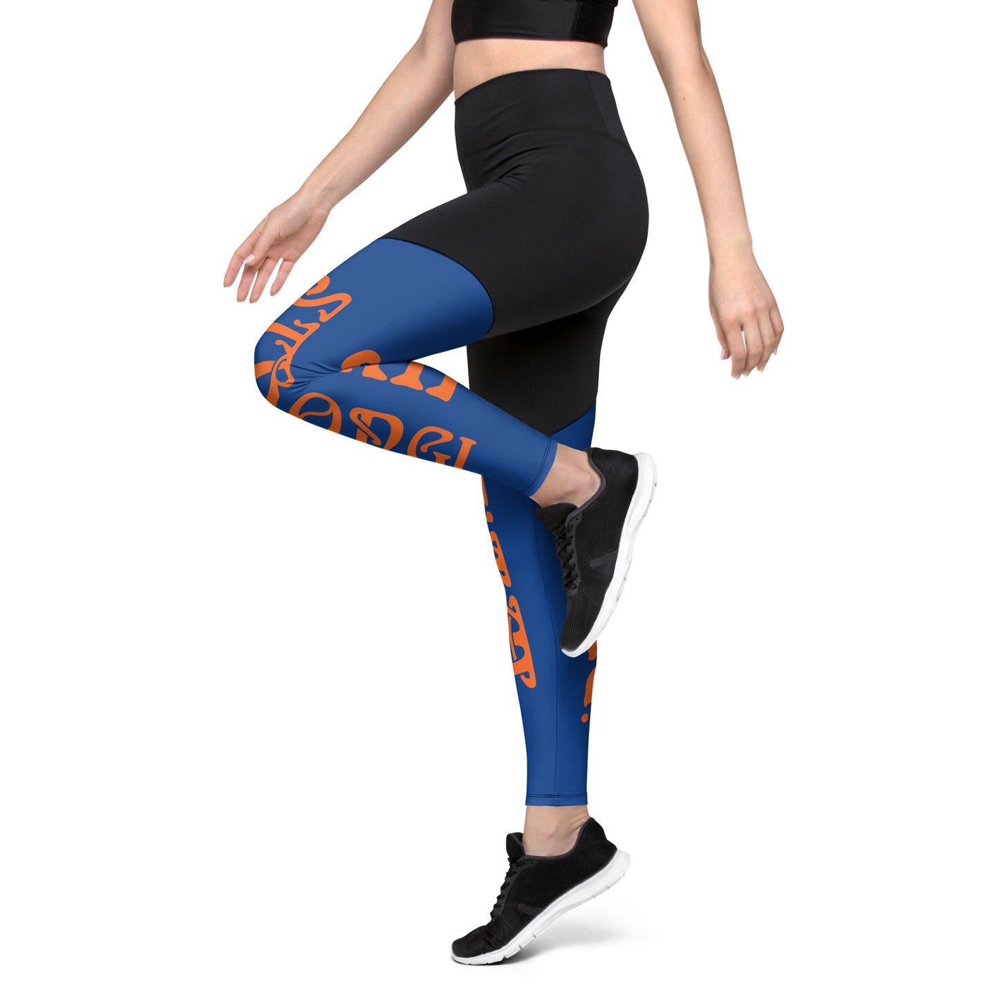 “I’AM STRONG!” Blue Sports Leggings W/Orange Font
