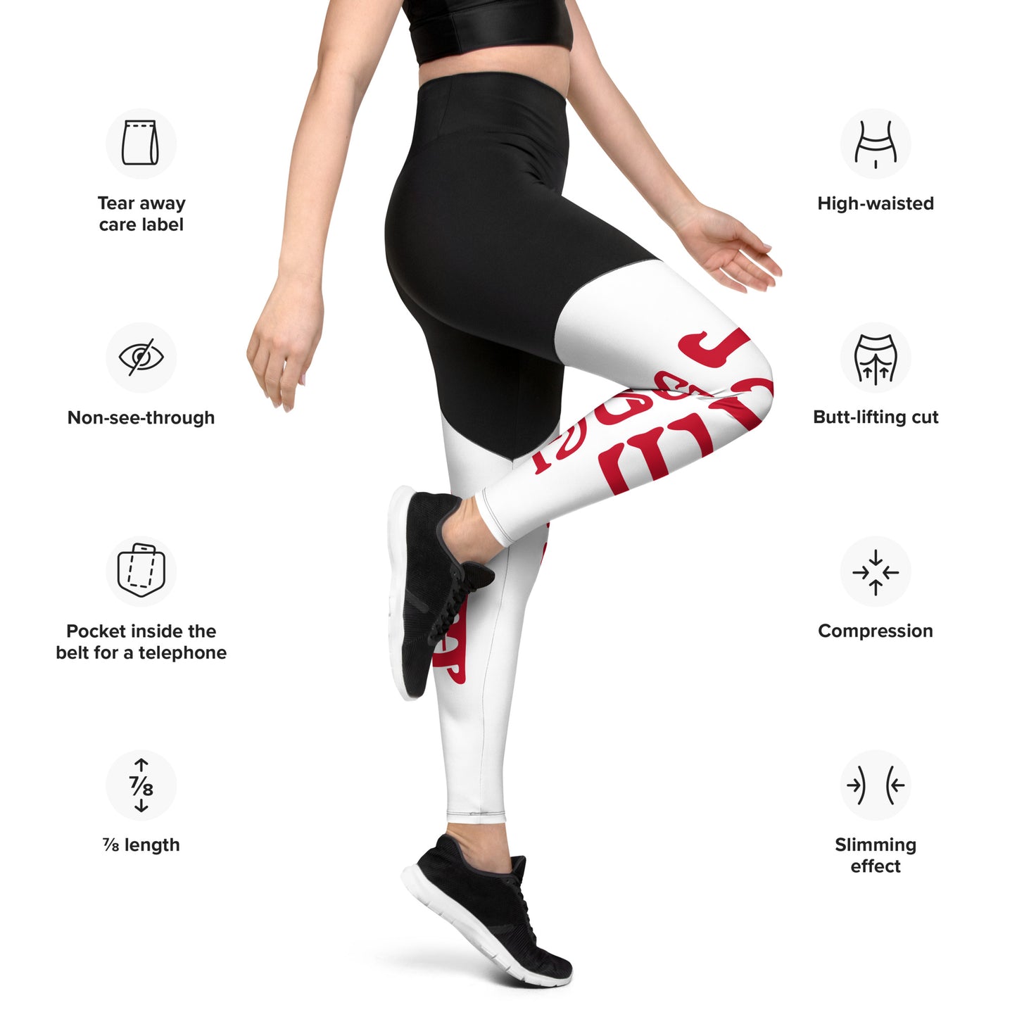 “I’AM STRONG!” White Sports Leggings W/Red Font