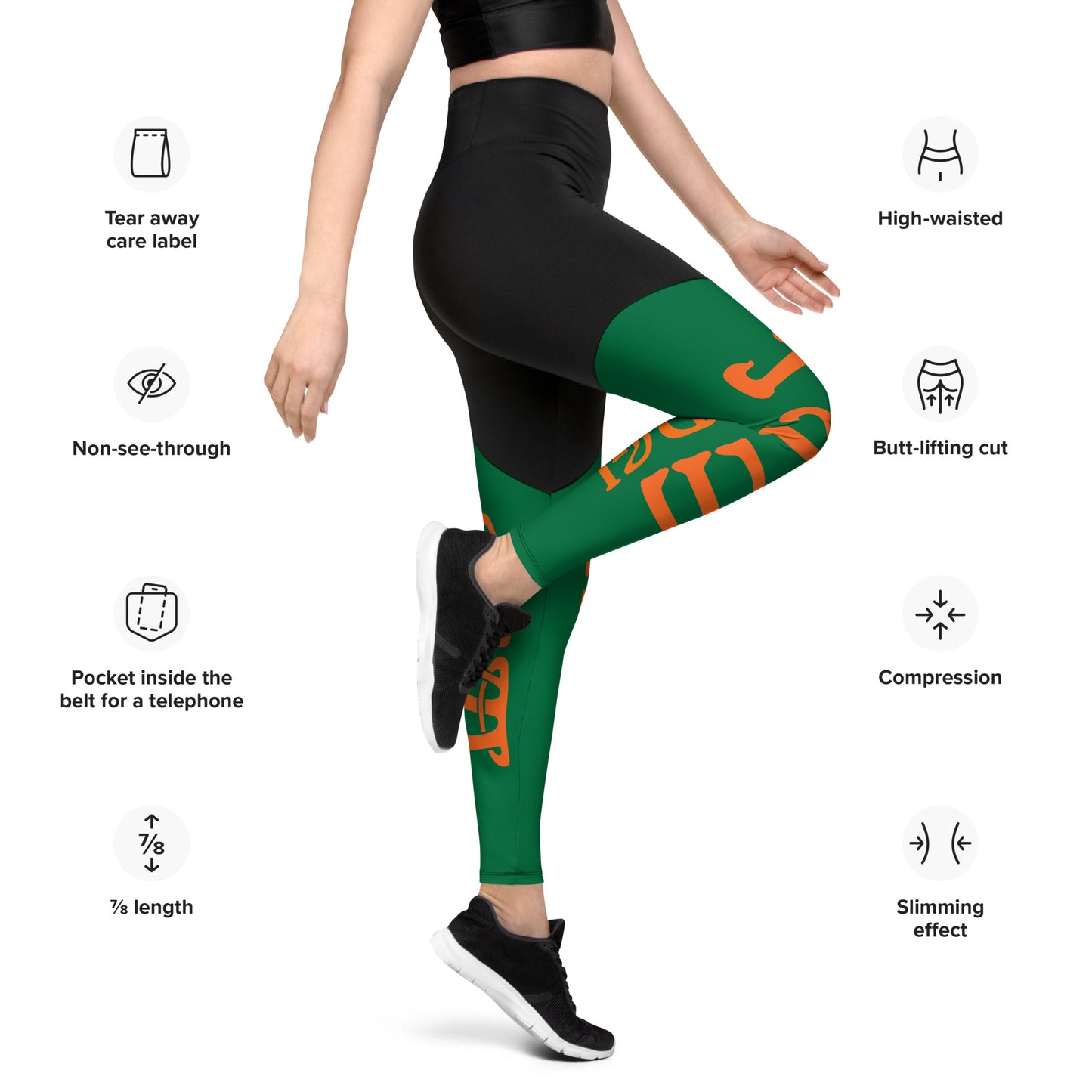 “I’AM STRONG!” Green Sports Leggings W/Orange Font