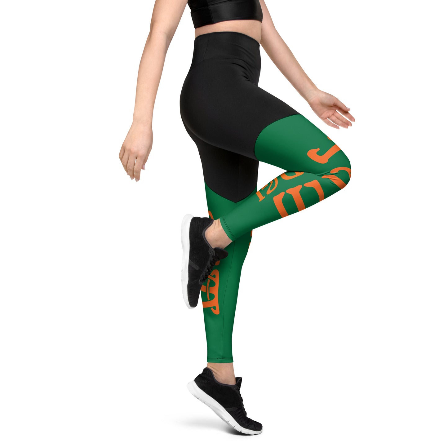 “I’AM STRONG!” Green Sports Leggings W/Orange Font