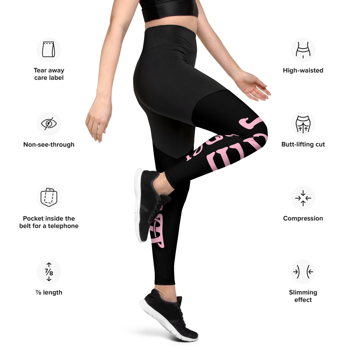 “I’AM STRONG!” Black Sports Leggings W/Cotton Candy Font