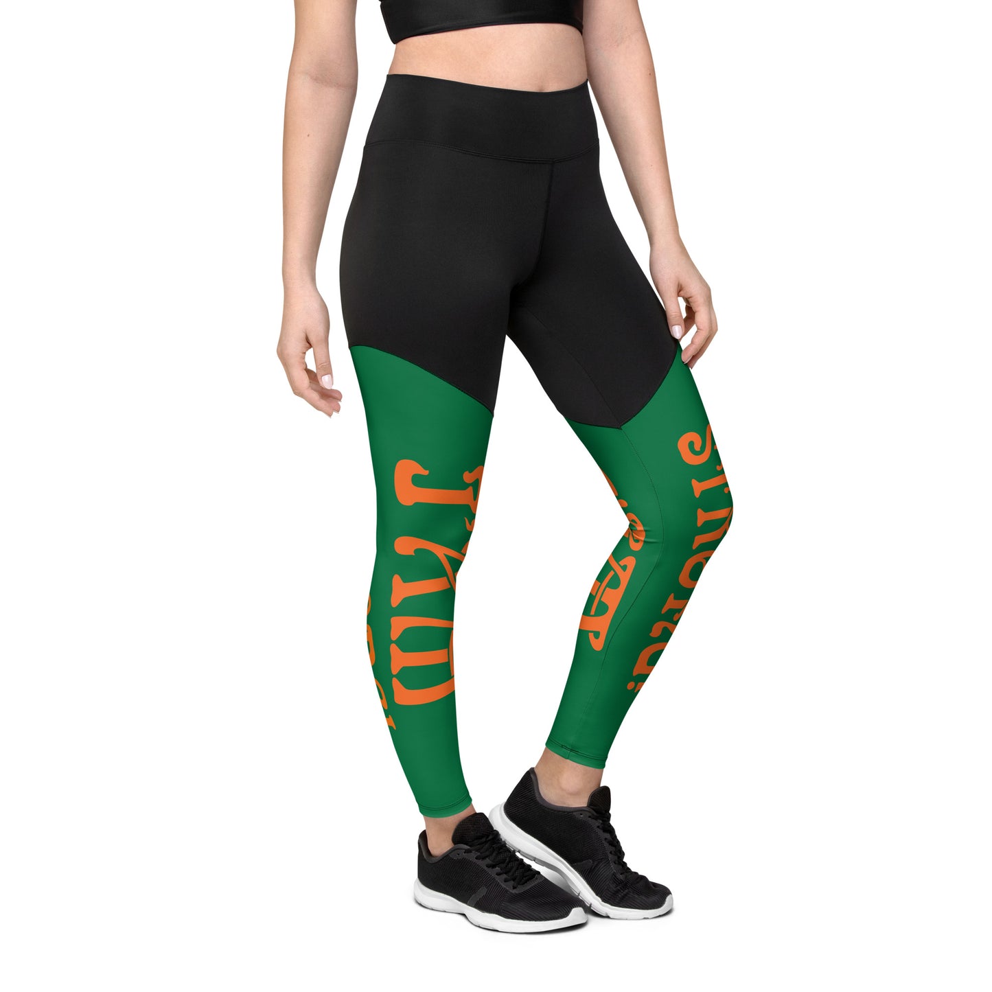 “I’AM STRONG!” Green Sports Leggings W/Orange Font