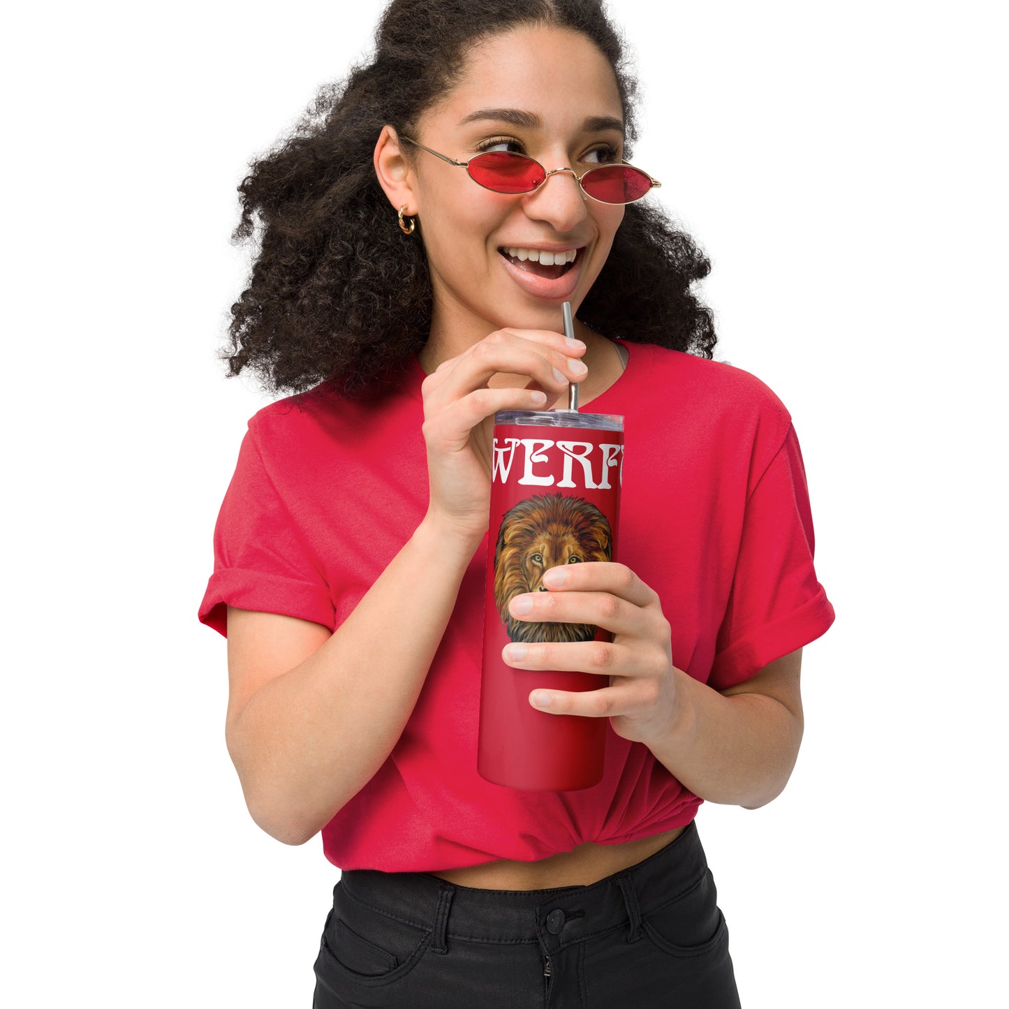 “POWERFUL!”Red Stainless Steel Tumbler W/White Font