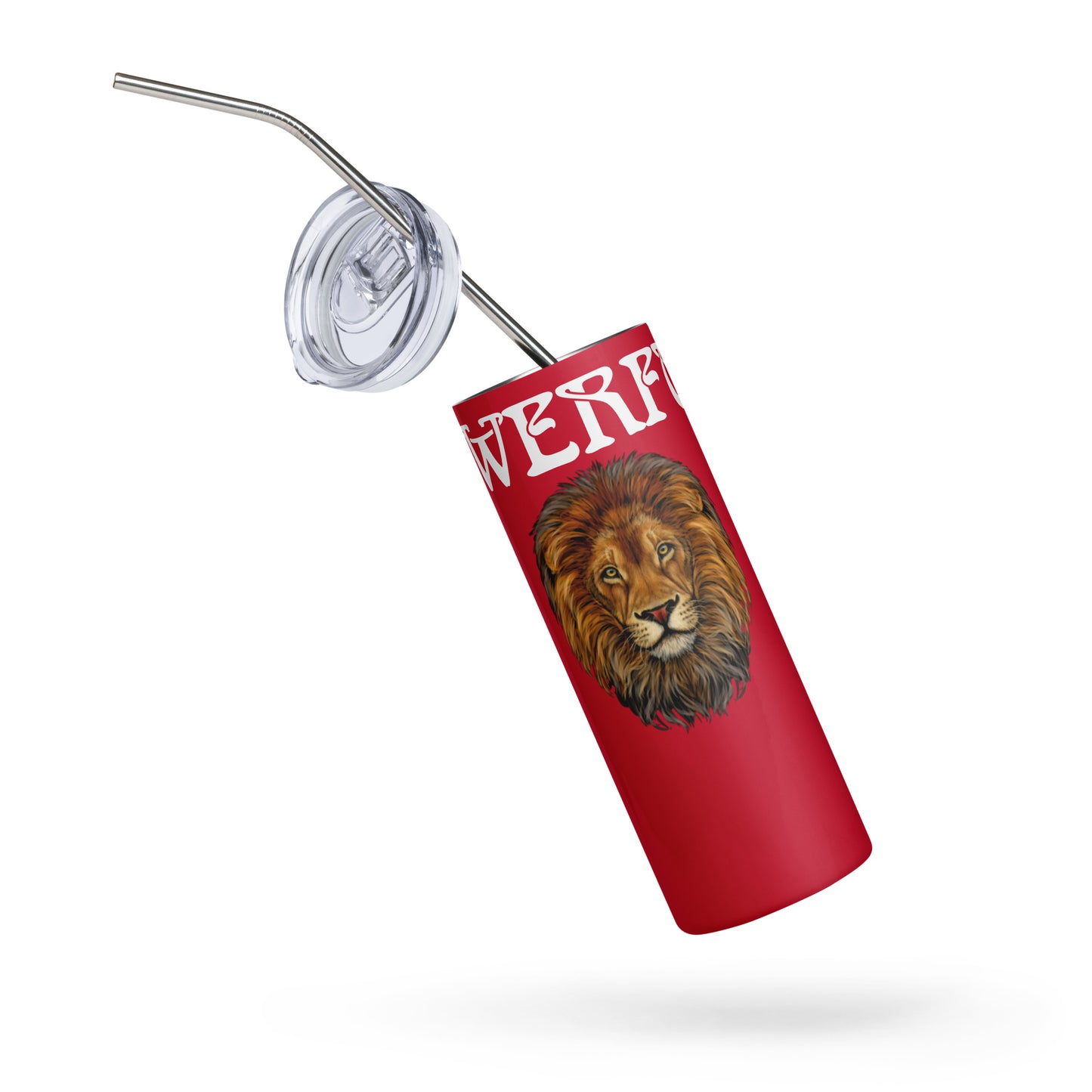 “POWERFUL!”Red Stainless Steel Tumbler W/White Font