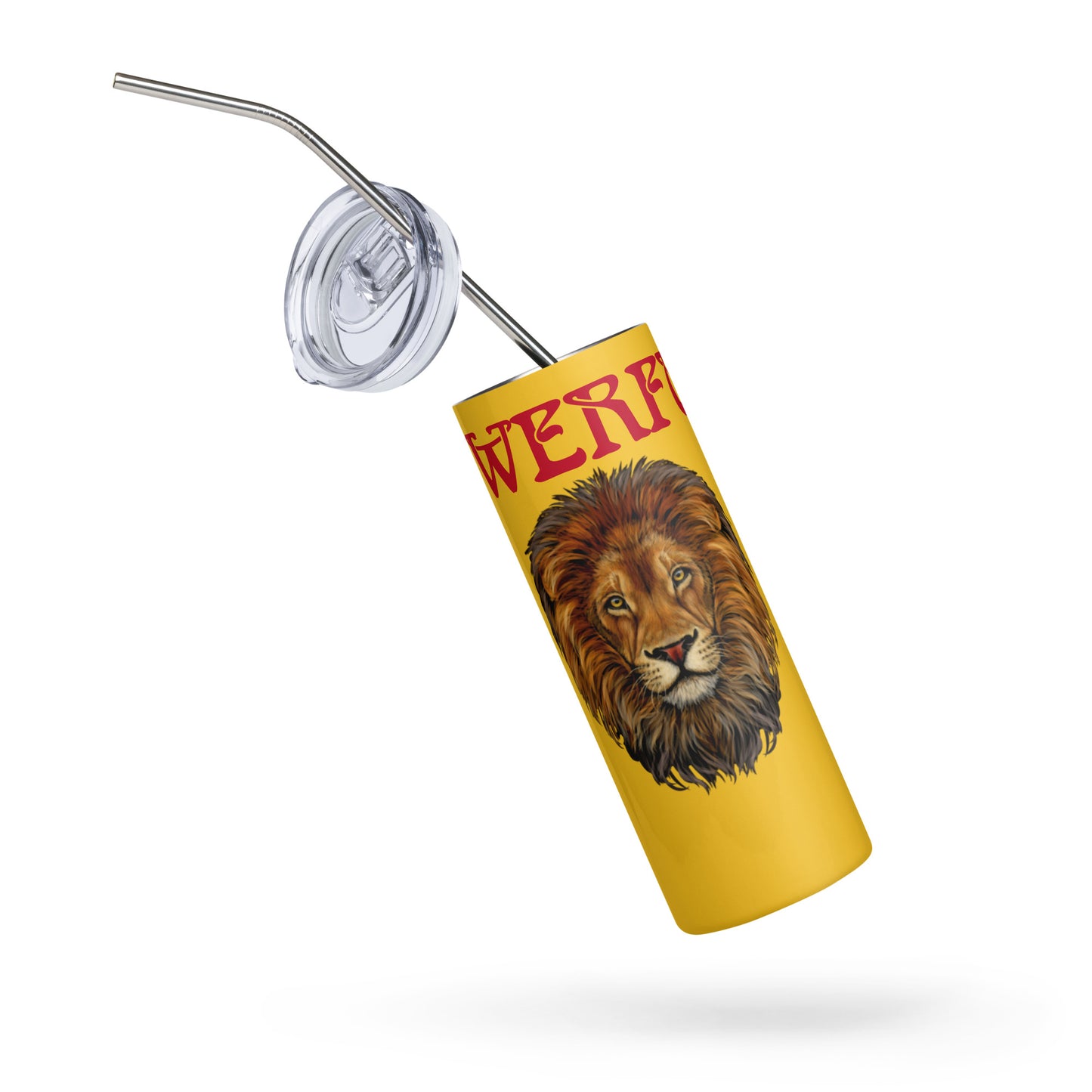 “POWERFUL!”Yellow Stainless Steel Tumbler W/Red Font