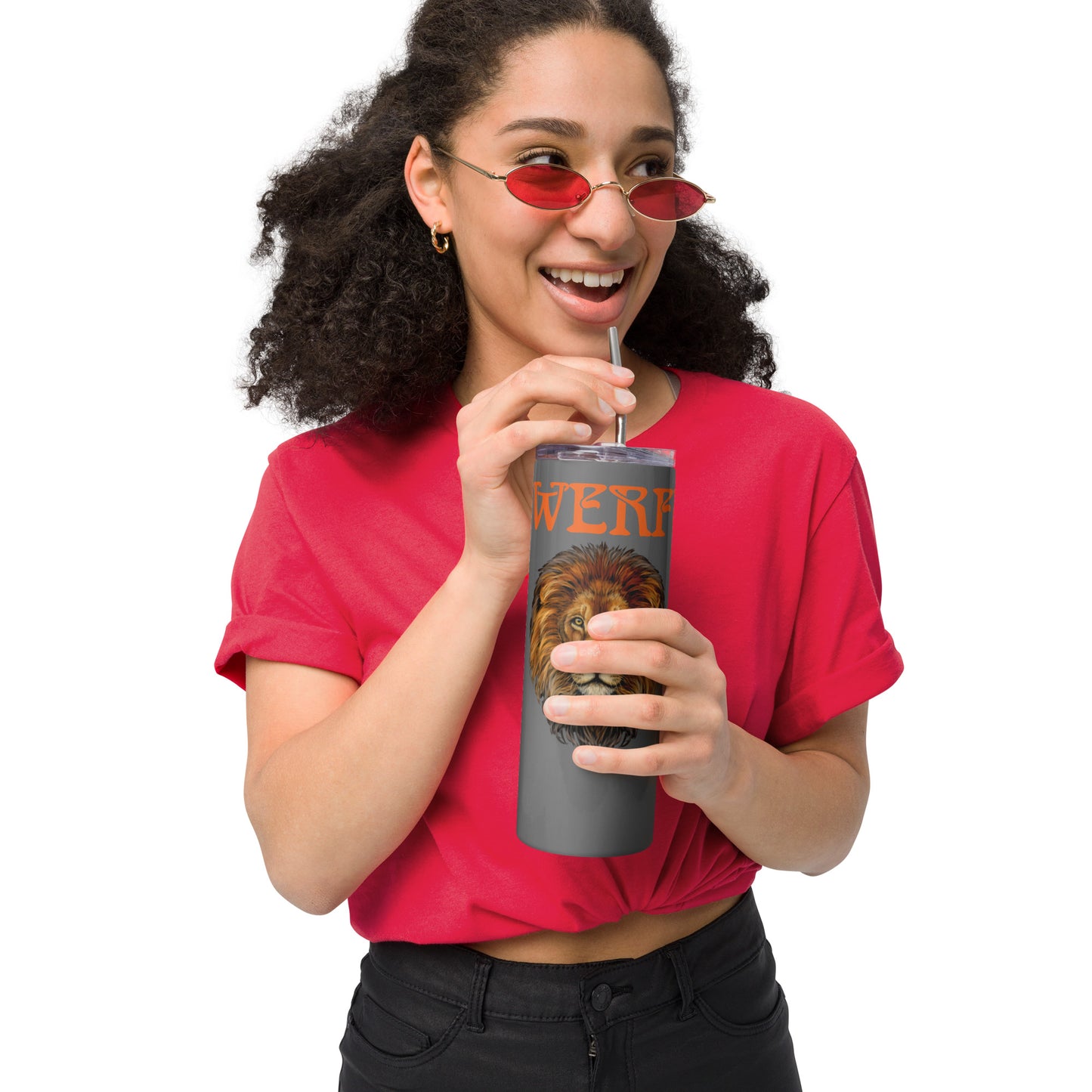 “POWERFUL!”Grey Stainless Steel Tumbler W/Orange Font
