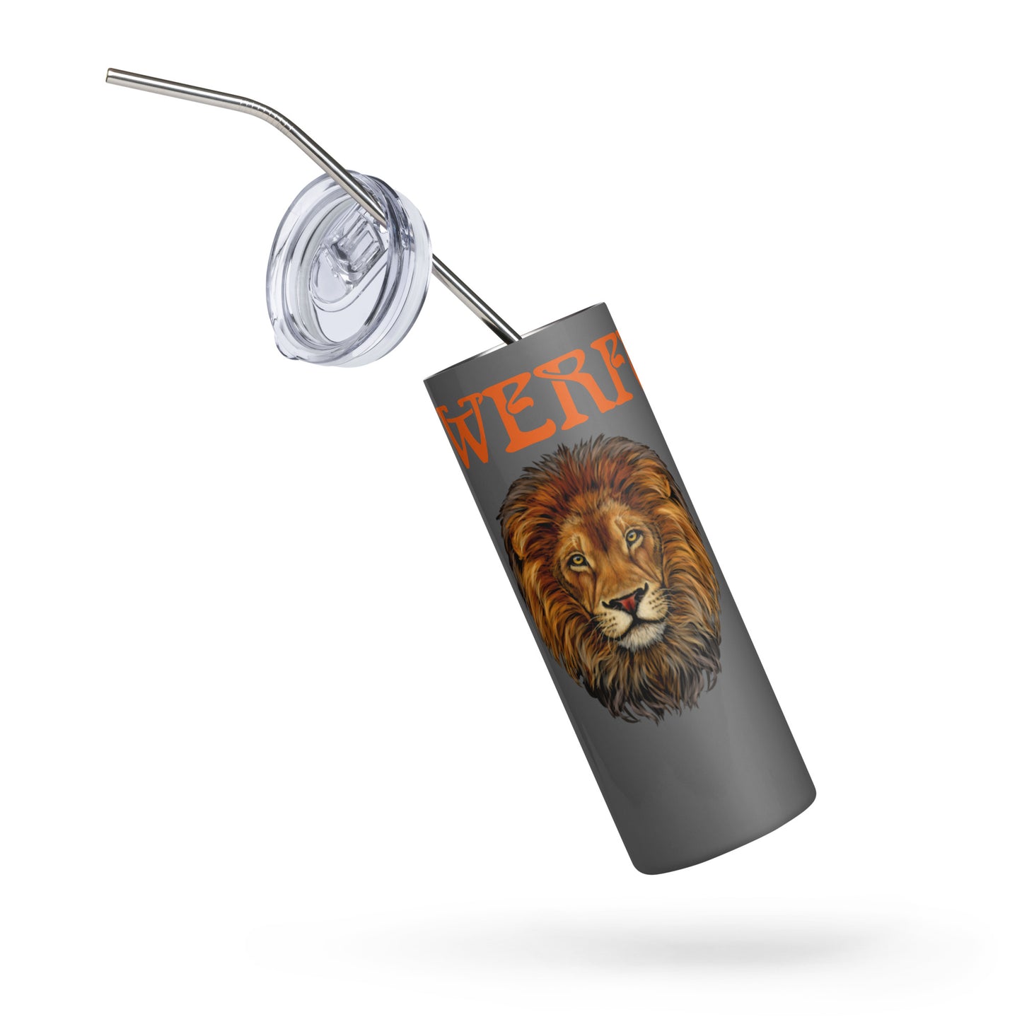 “POWERFUL!”Grey Stainless Steel Tumbler W/Orange Font