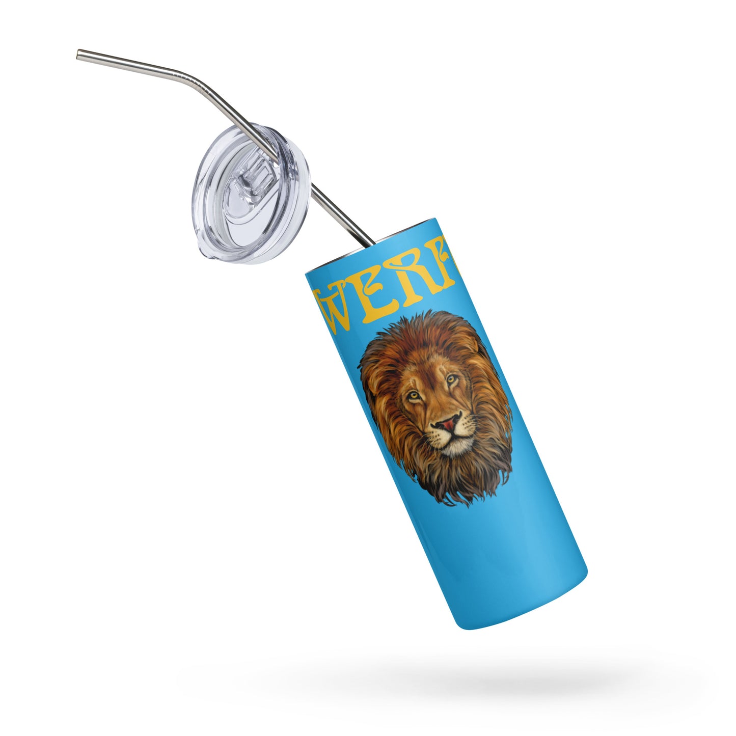 “POWERFUL!”SkyBlue Stainless Steel Tumbler W/Yellow Font