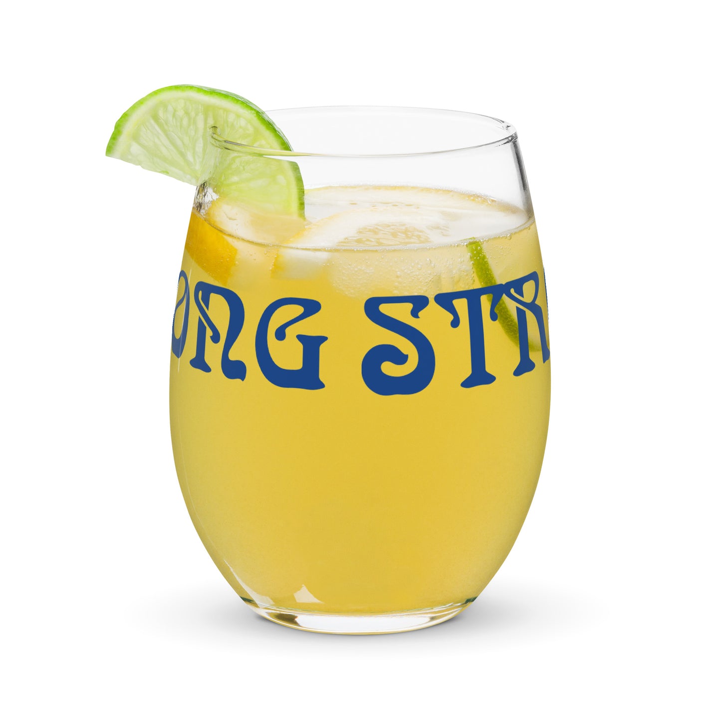 “STRONG”Stemless Wine Glass W/Blue Font