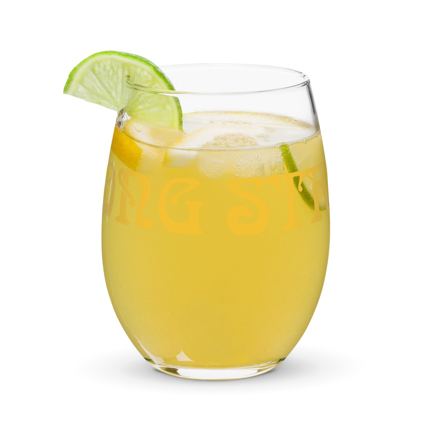 “STRONG”Stemless Wine Glass W/Yellow Font