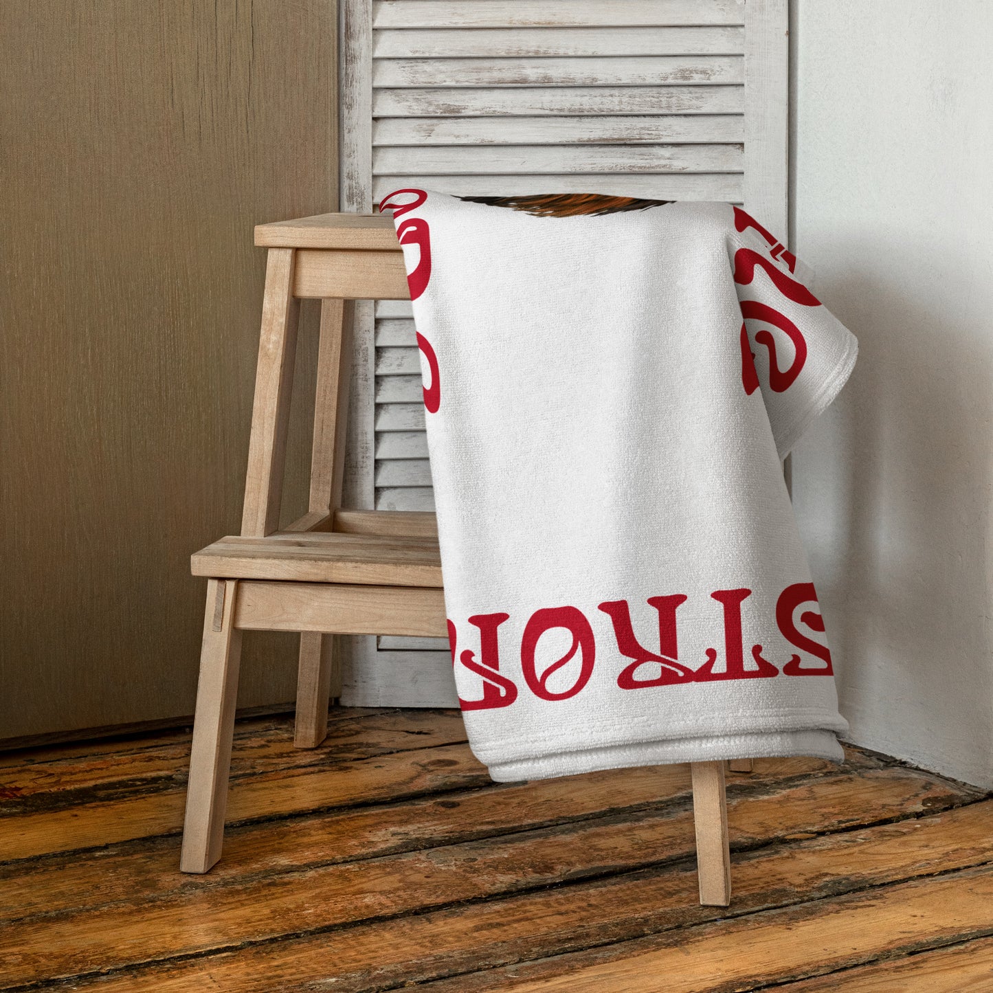 “STRONG”White Towel W/Red Font