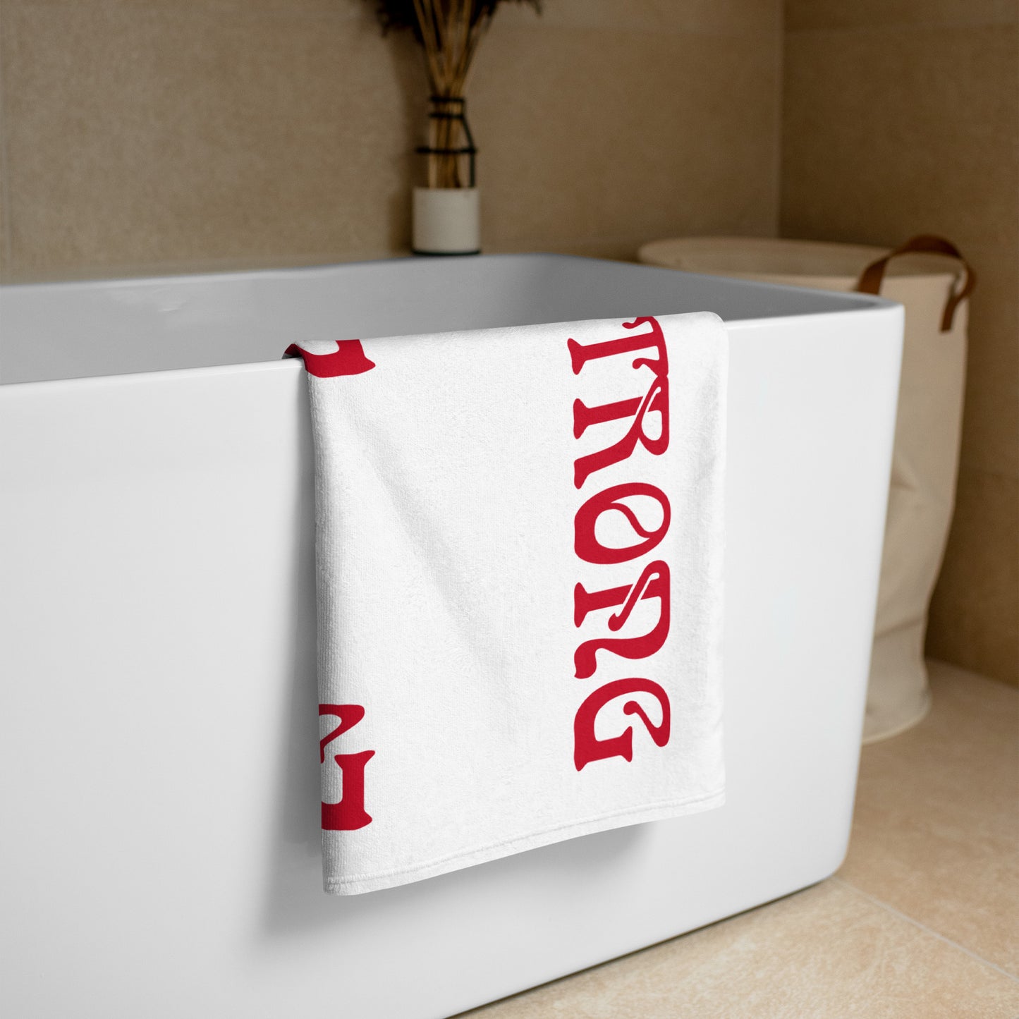 “STRONG”White Towel W/Red Font