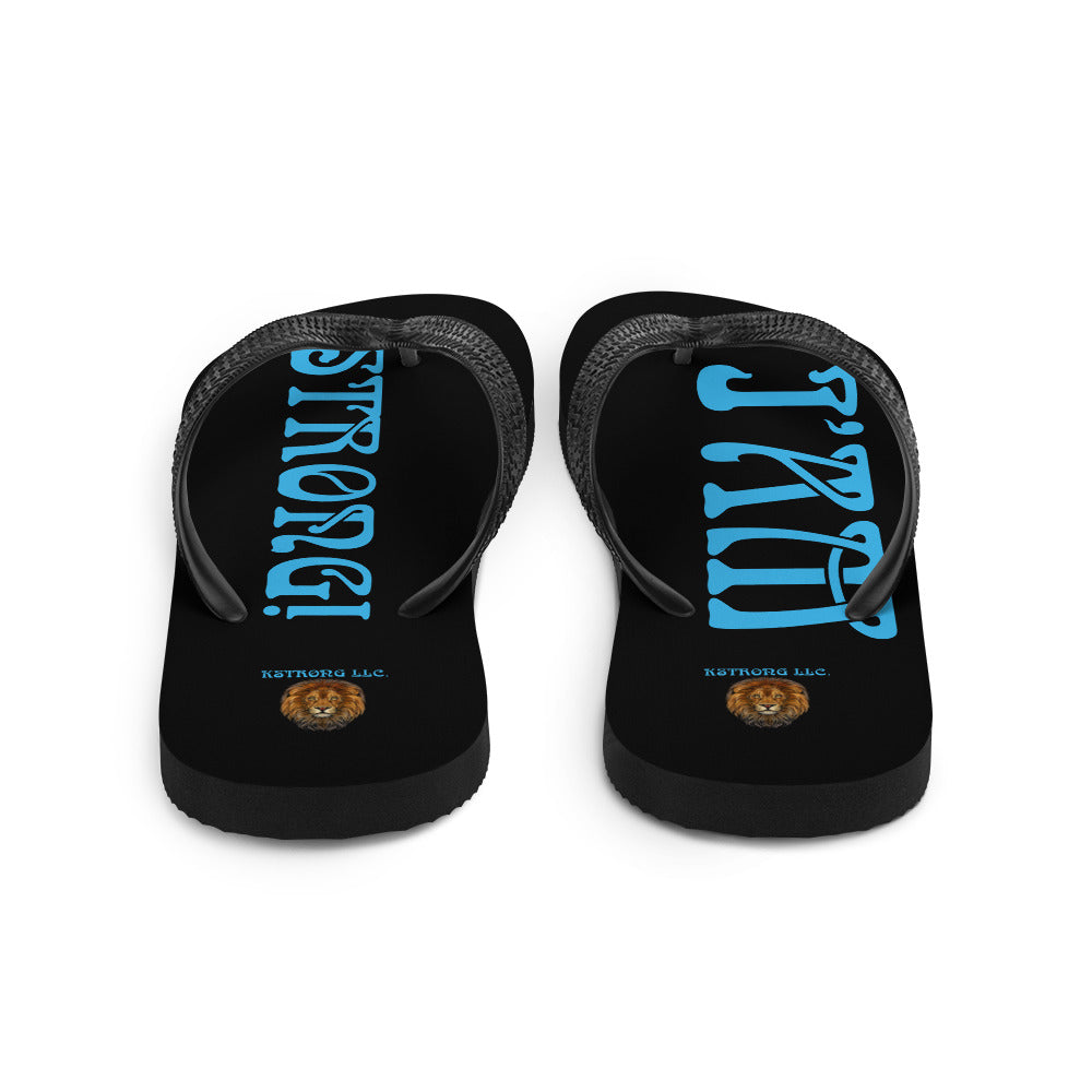 “I’AM STRONG!” Black Unisex Flip-Flops W/SkyBlue Font