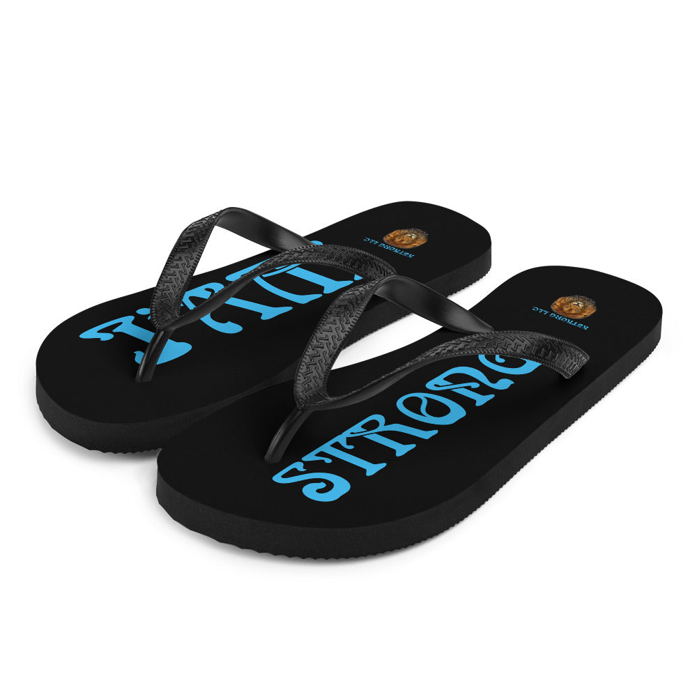 “I’AM STRONG!” Black Unisex Flip-Flops W/SkyBlue Font
