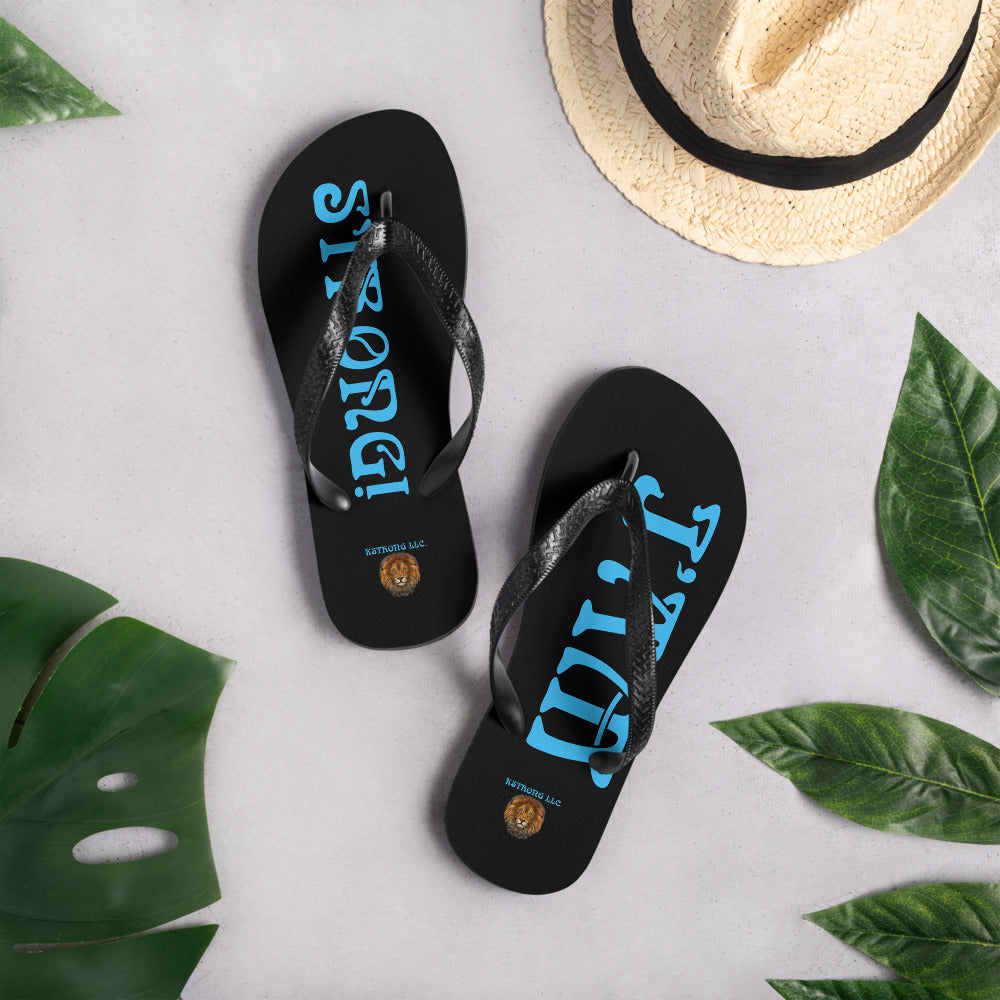 “I’AM STRONG!” Black Unisex Flip-Flops W/SkyBlue Font