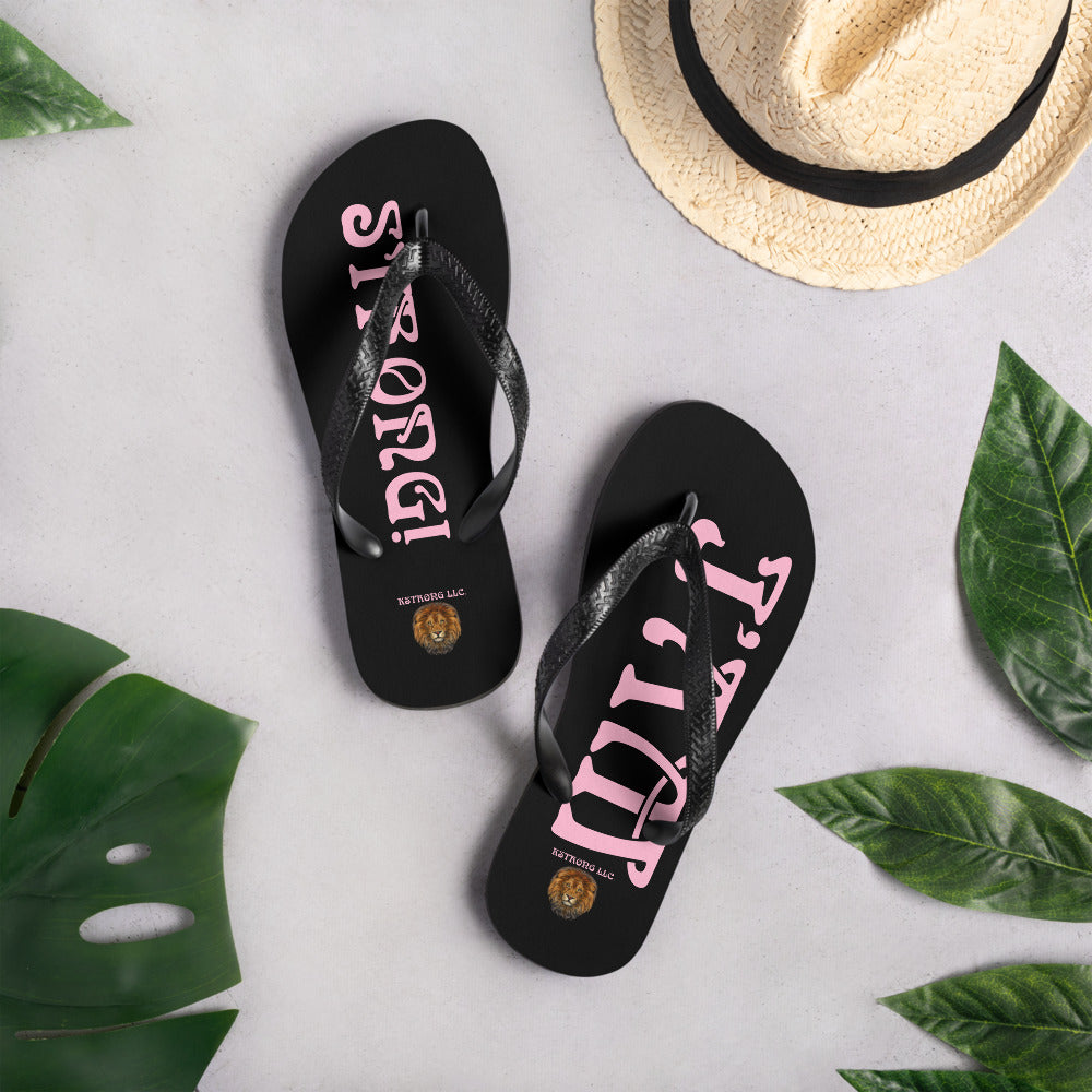“I’AM STRONG!” Black Unisex Flip-Flops W/Cotton Candy Font