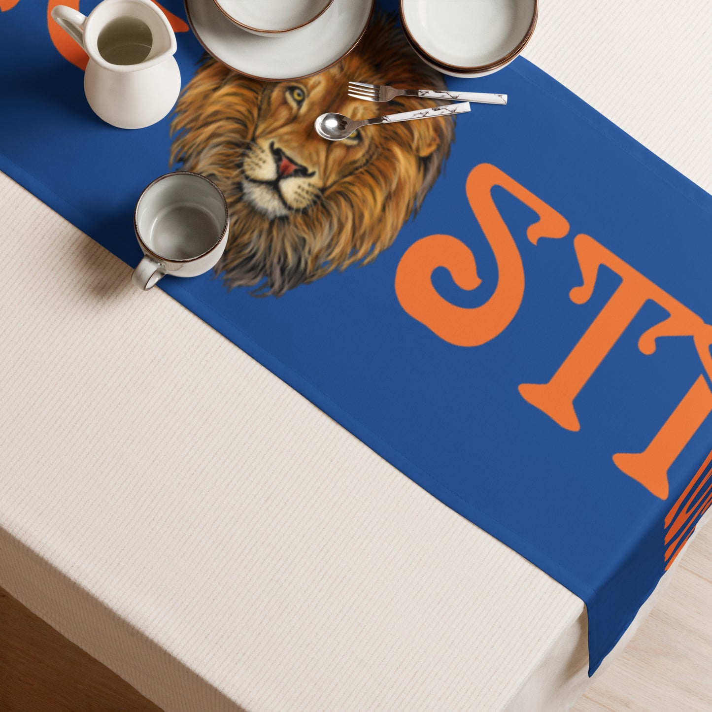 “STRONG”Blue Table Runner W/Orange Font