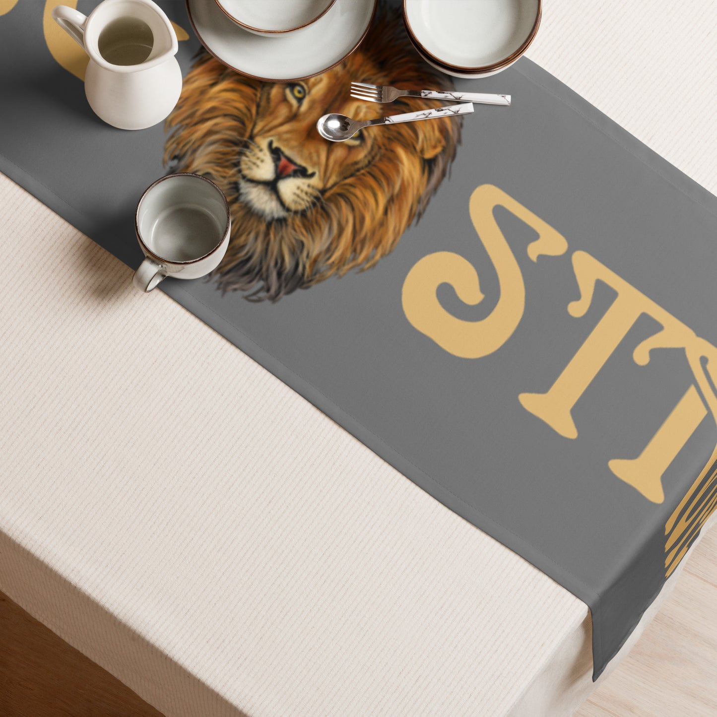 “STRONG”Grey Table Runner W/Fawn Font