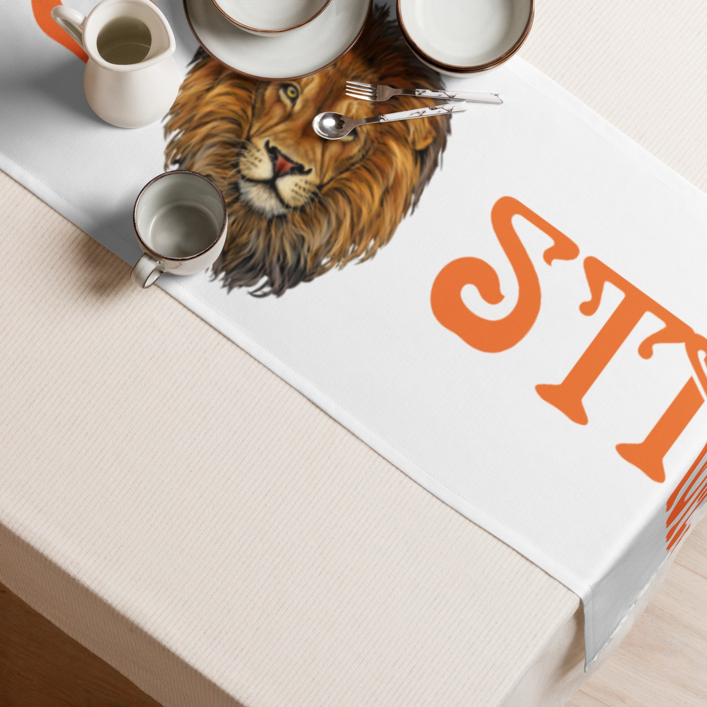 “STRONG”White Table Runner W/Orange Font