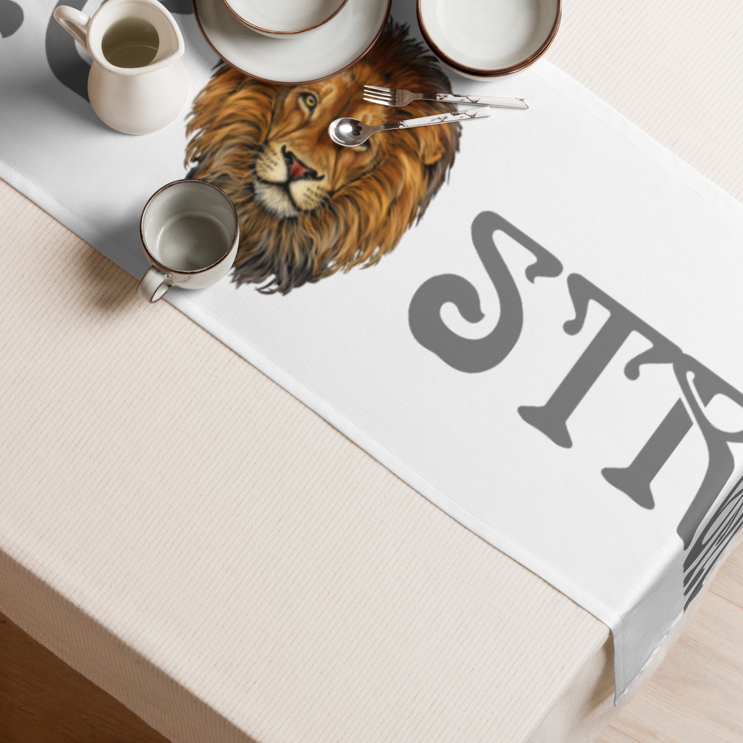 “STRONG”White Table Runner W/Grey Font