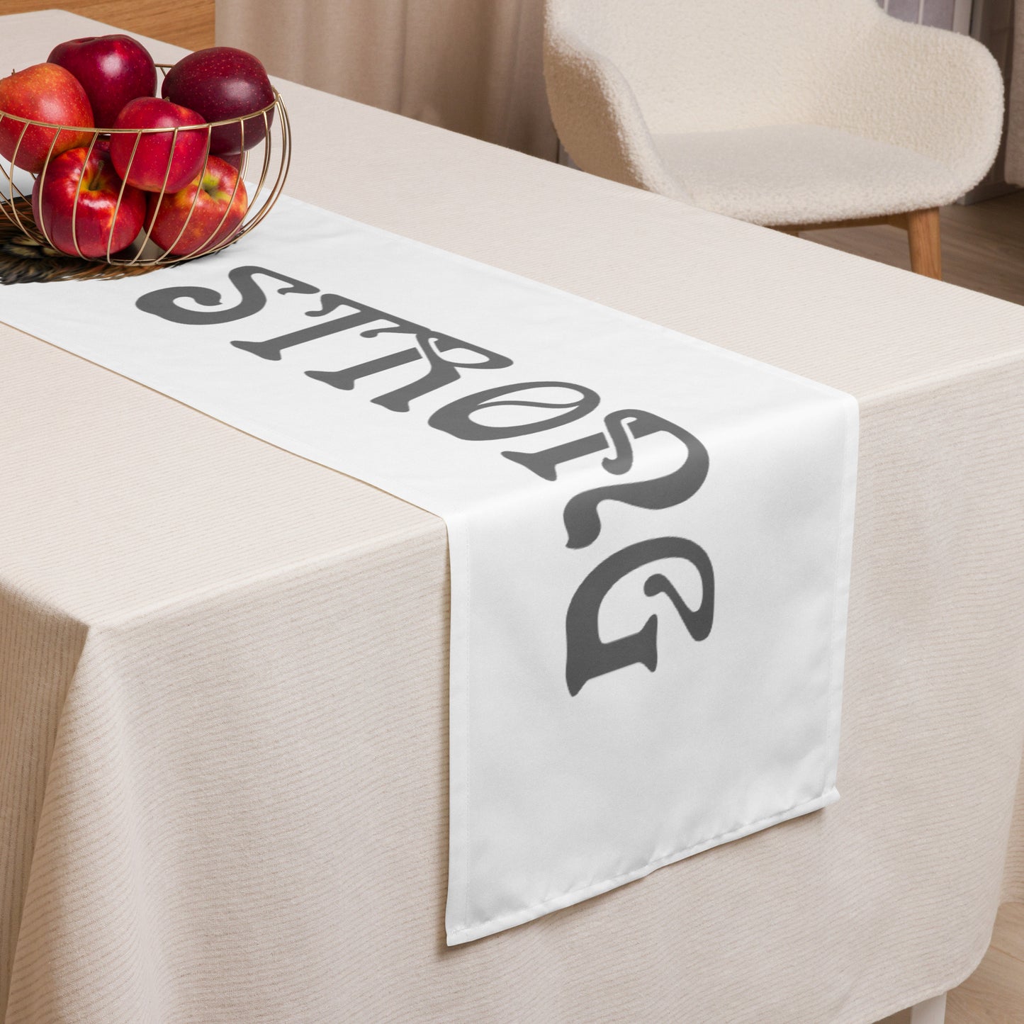 “STRONG”White Table Runner W/Grey Font