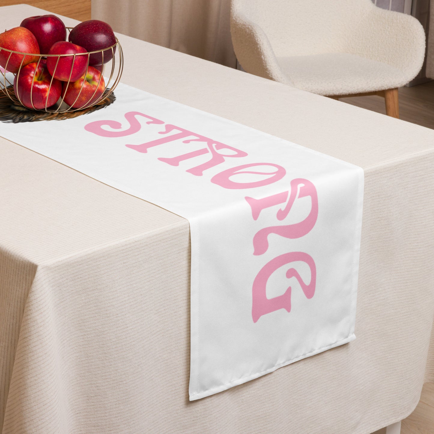 “STRONG”White Table Runner W/Cotton Candy Font