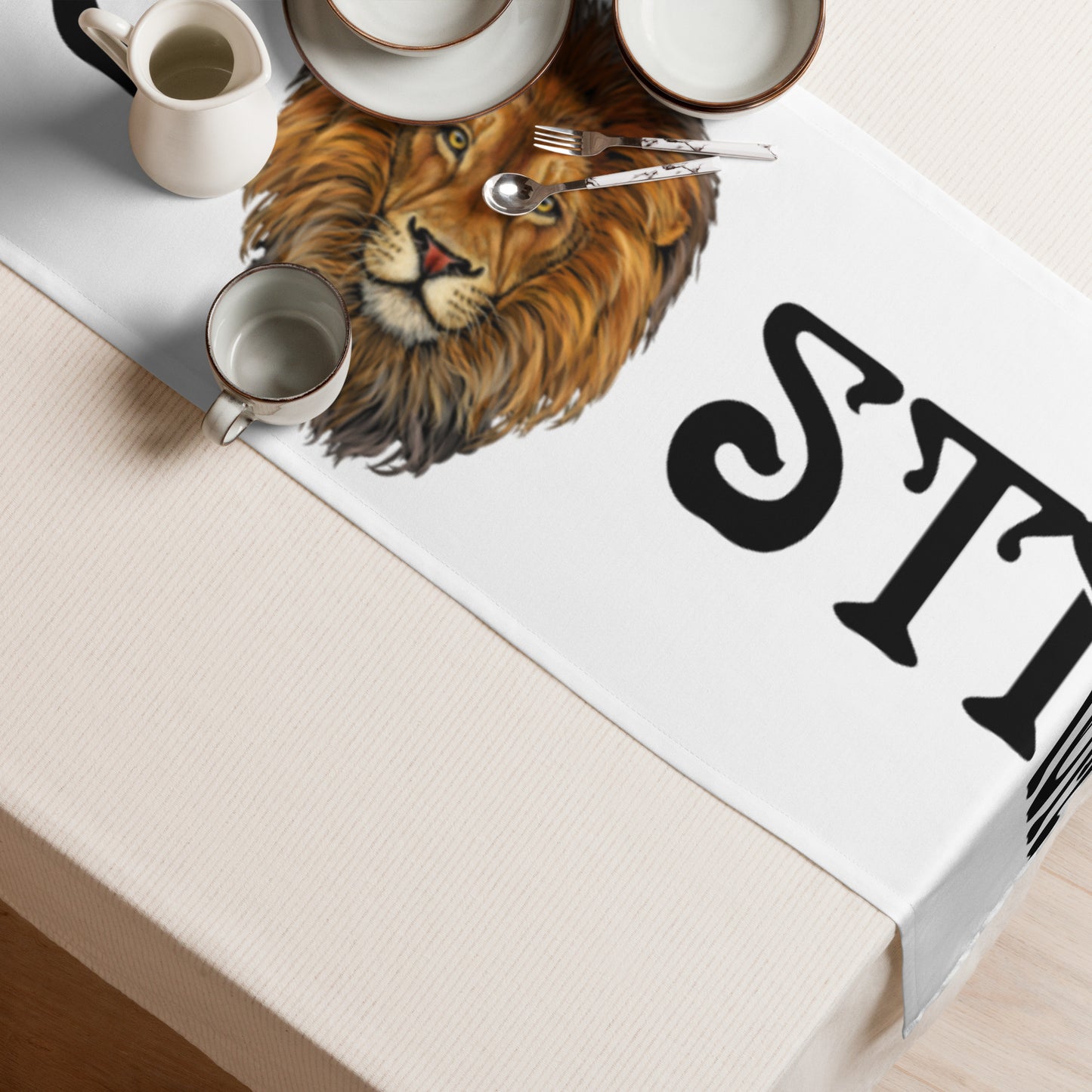 “STRONG”White Table Runner W/Black Font