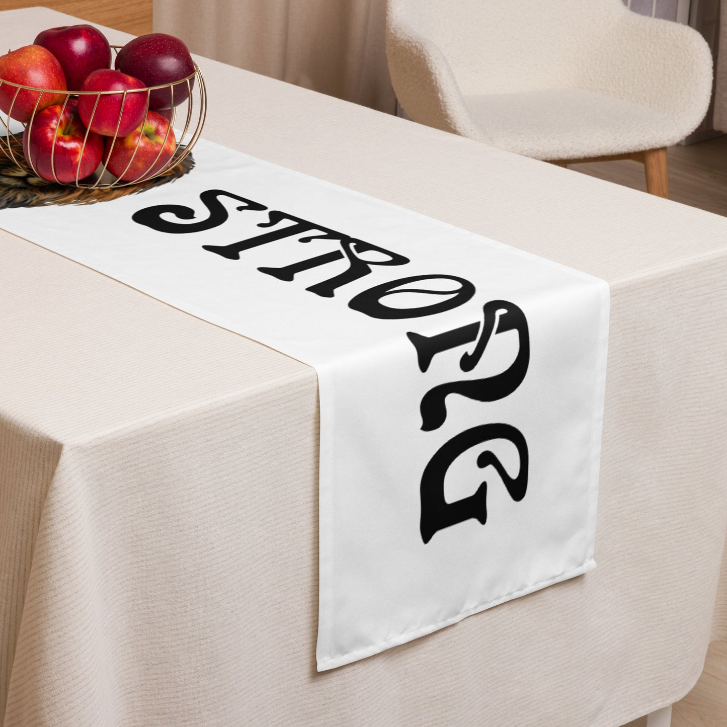 “STRONG”White Table Runner W/Black Font