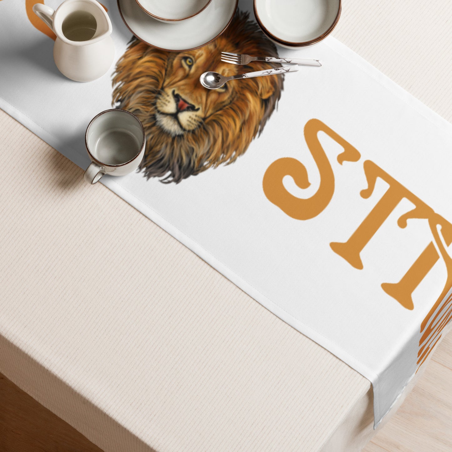 “STRONG”White Table Runner W/Bronze Font