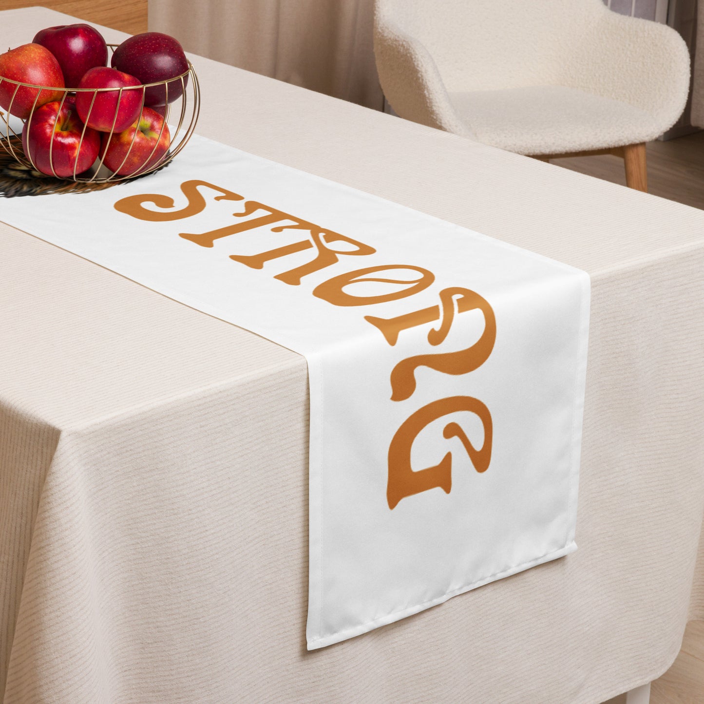 “STRONG”White Table Runner W/Bronze Font