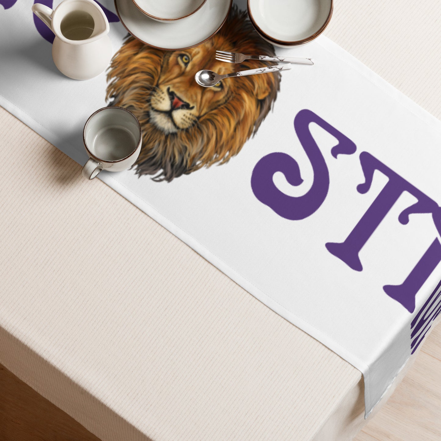 “STRONG”White Table Runner W/Purple Font