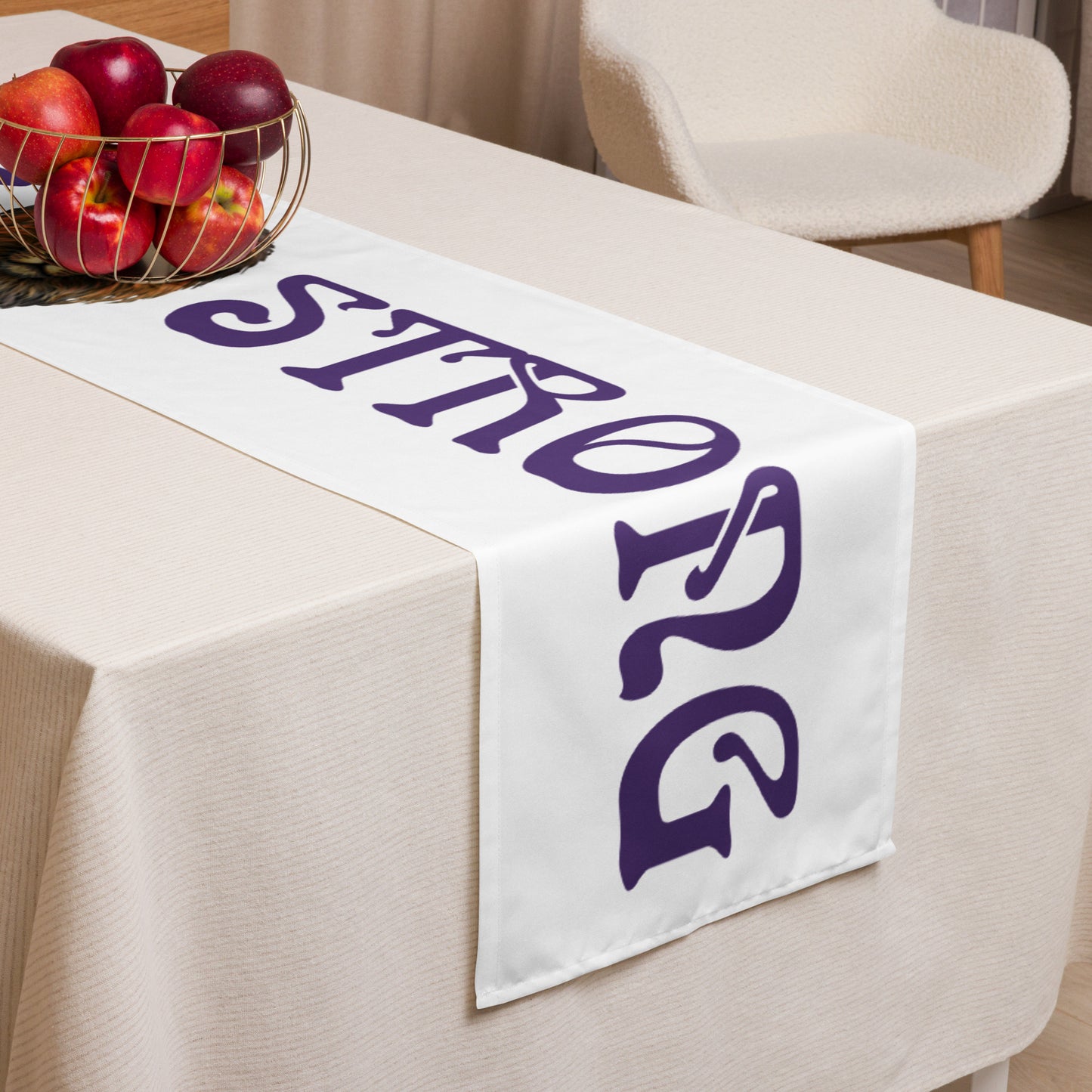 “STRONG”White Table Runner W/Purple Font